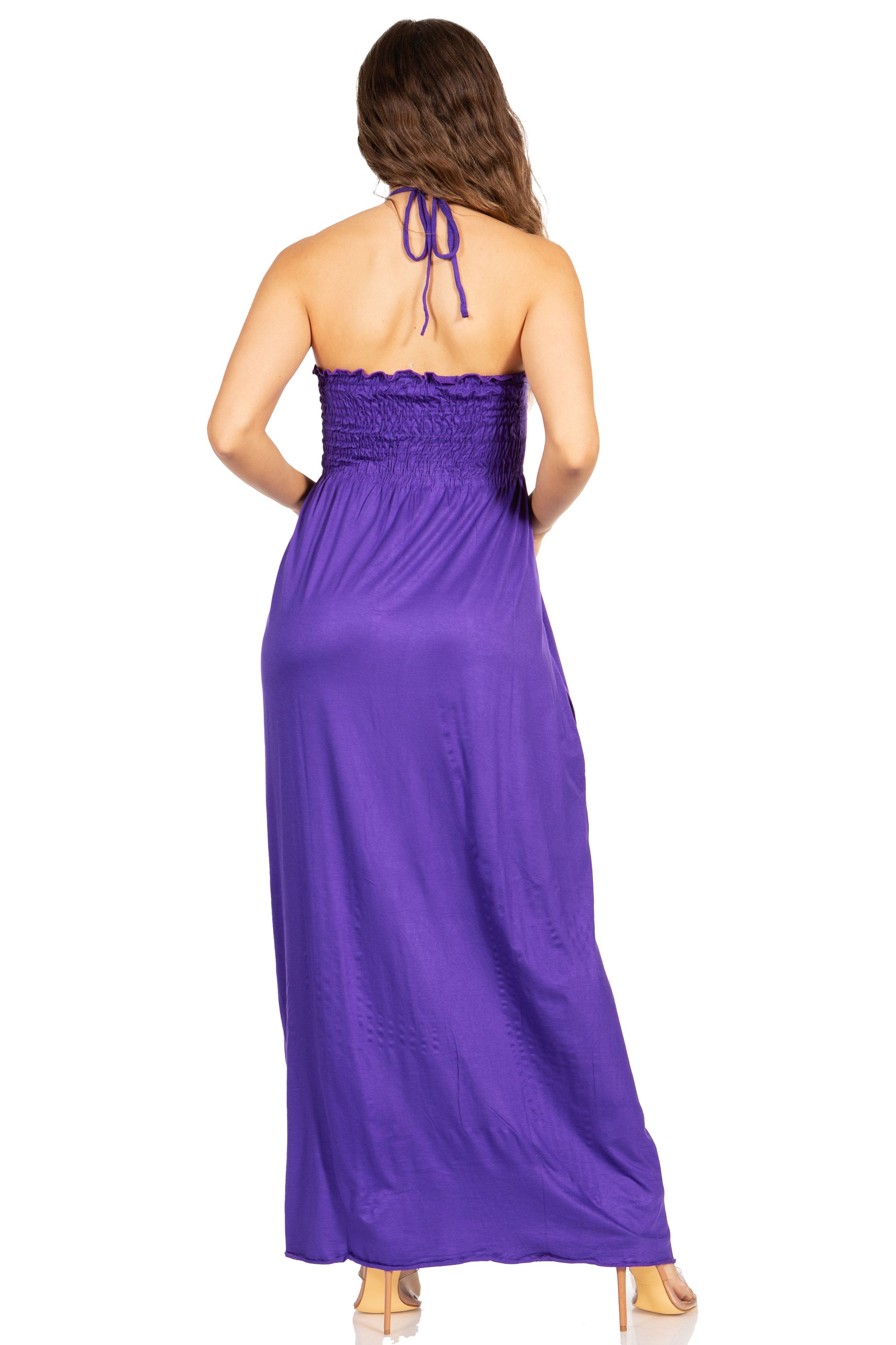 Sakkas Soft Jersey Feel Solid Color Smocked Bodice String Halter Long Dress - Concordia Style Boutique