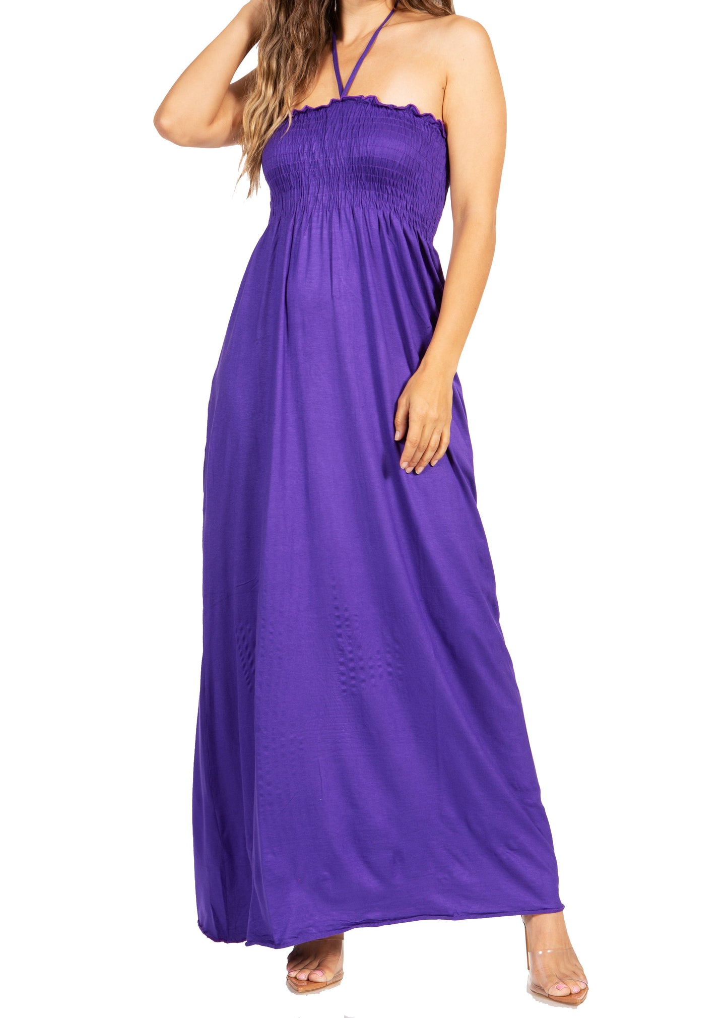 Sakkas Soft Jersey Feel Solid Color Smocked Bodice String Halter Long Dress - Concordia Style Boutique