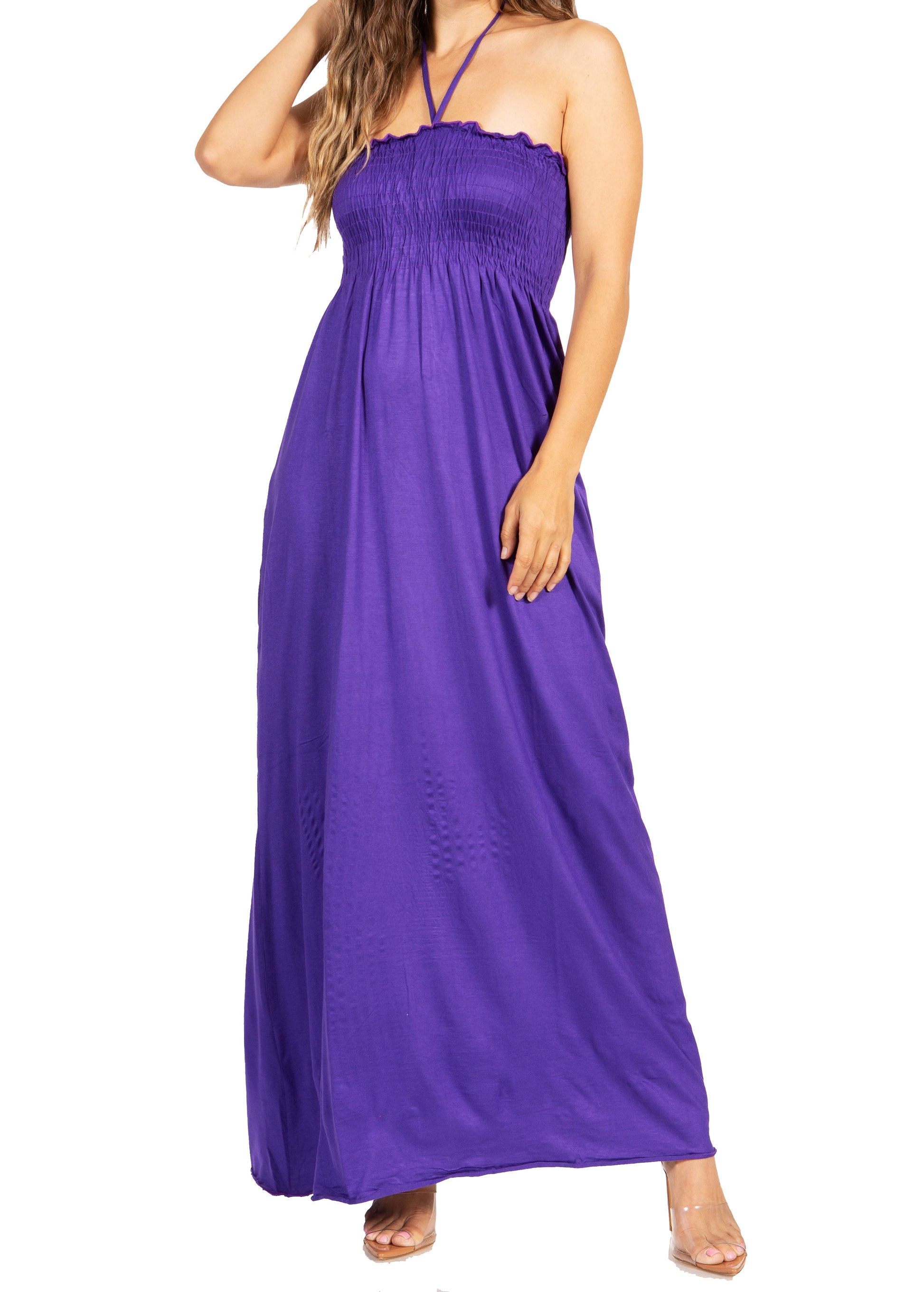 Sakkas Soft Jersey Feel Solid Color Smocked Bodice String Halter Long Dress - Concordia Style Boutique