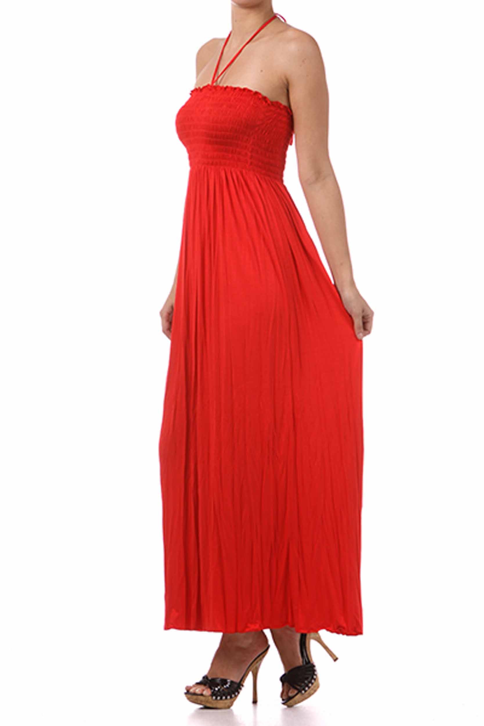 Sakkas Soft Jersey Feel Solid Color Smocked Bodice String Halter Long Dress - Concordia Style Boutique