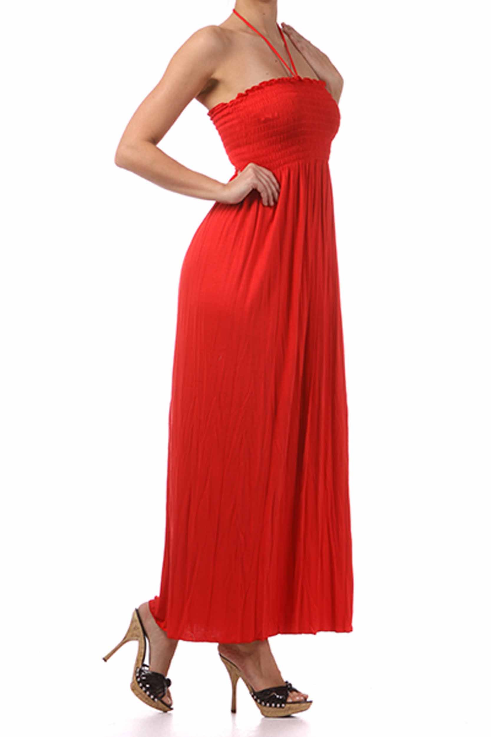 Sakkas Soft Jersey Feel Solid Color Smocked Bodice String Halter Long Dress - Concordia Style Boutique