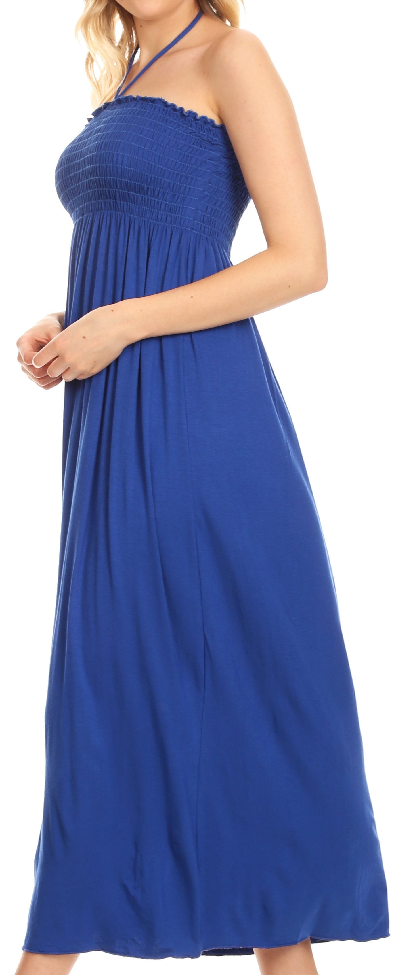 Sakkas Soft Jersey Feel Solid Color Smocked Bodice String Halter Long Dress - Concordia Style Boutique