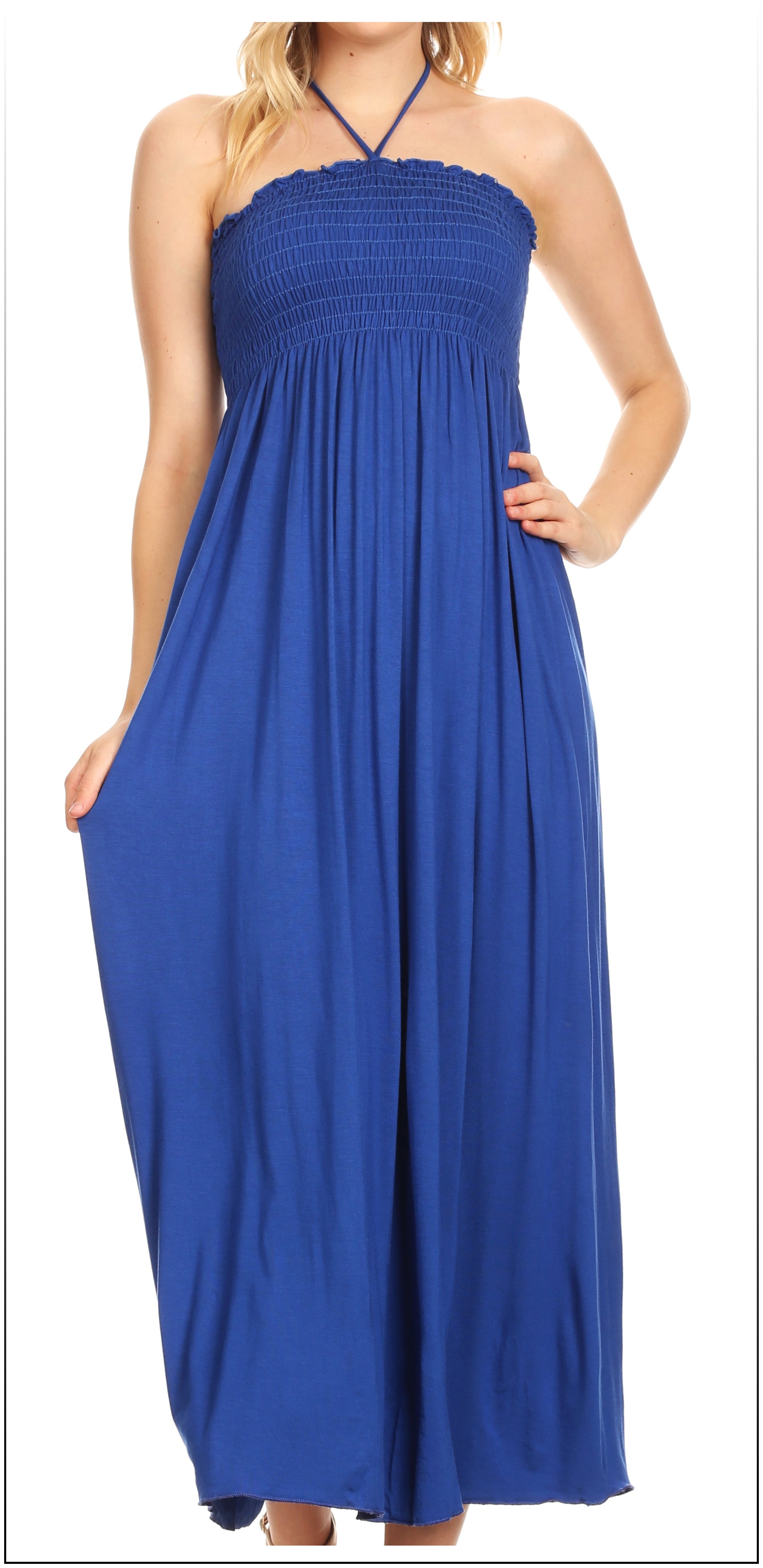 Sakkas Soft Jersey Feel Solid Color Smocked Bodice String Halter Long Dress - Concordia Style Boutique