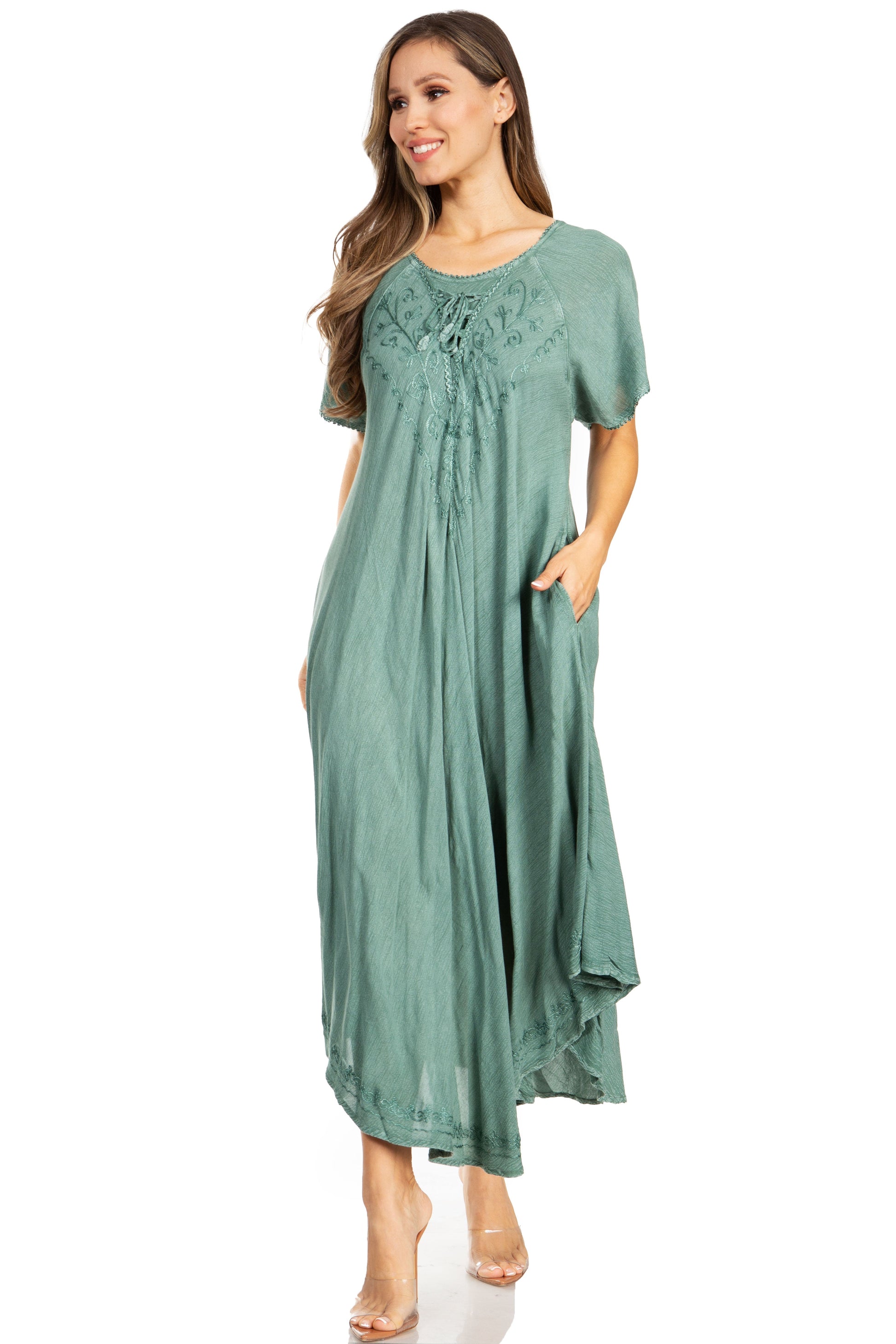 Sakkas Lilia Embroidered Lace Up Bodice Relaxed Fit Maxi Sun Dress - Concordia Style Boutique
