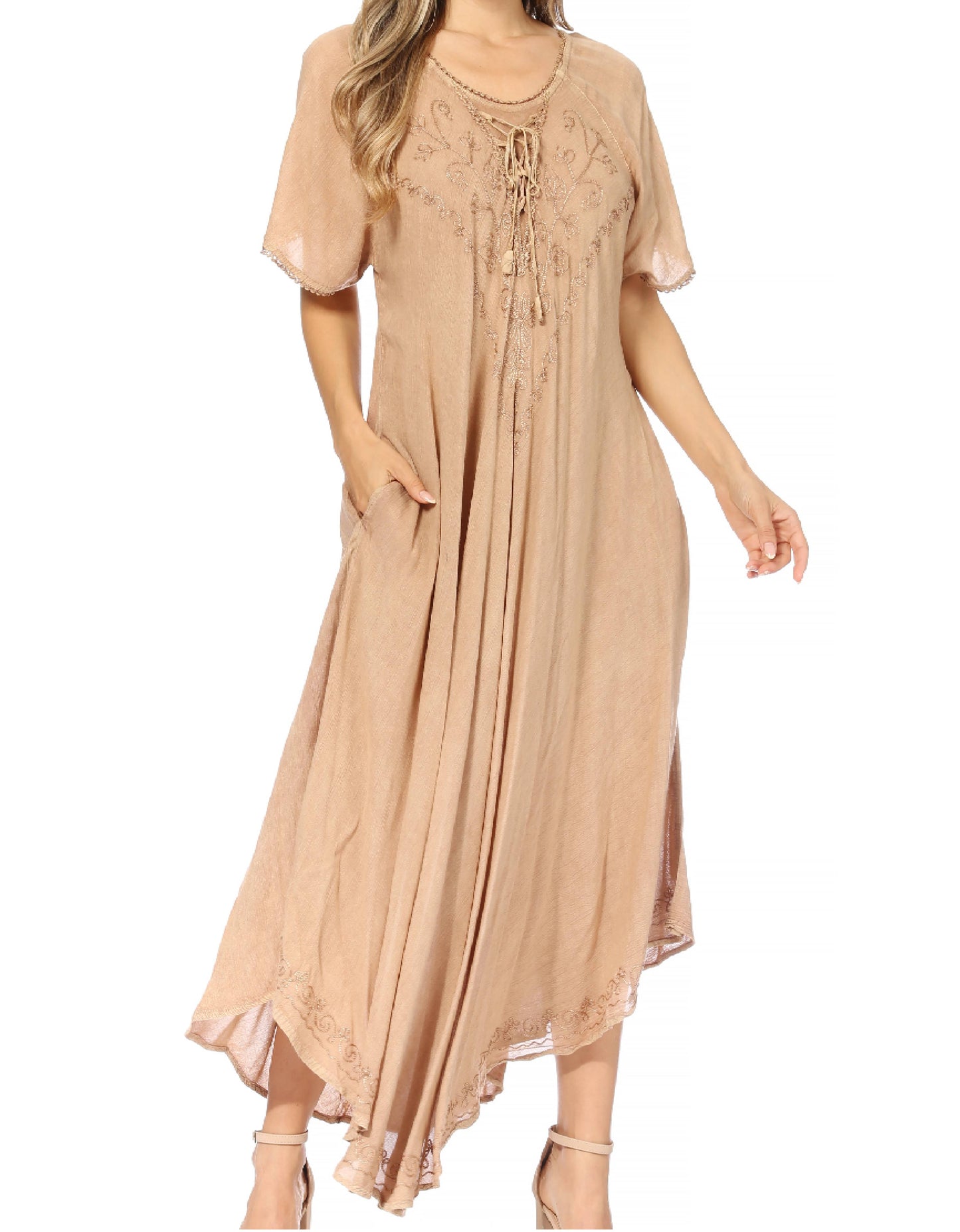 Sakkas Lilia Embroidered Lace Up Bodice Relaxed Fit Maxi Sun Dress - Concordia Style Boutique