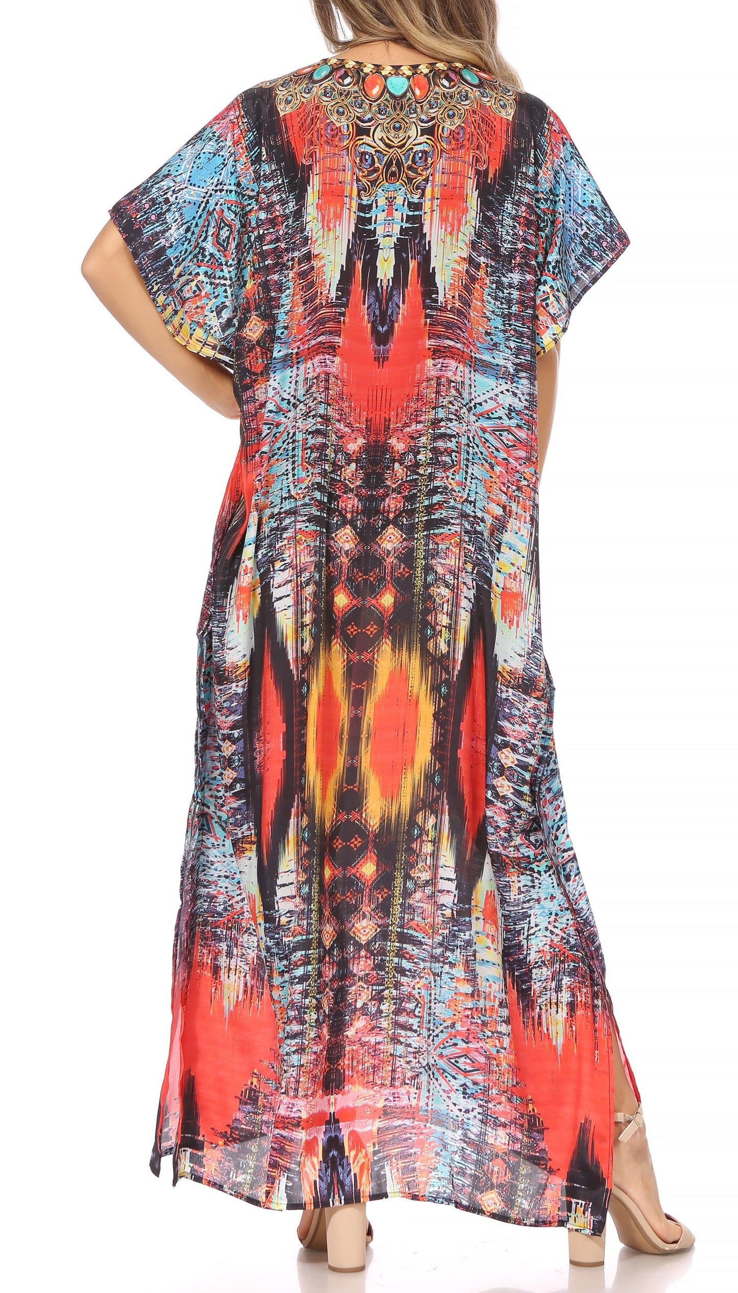 Sakkas Vicky Women's Casual Long Print Short Sleeve Petite Beach Maxi Caftan Dress - Concordia Style Boutique