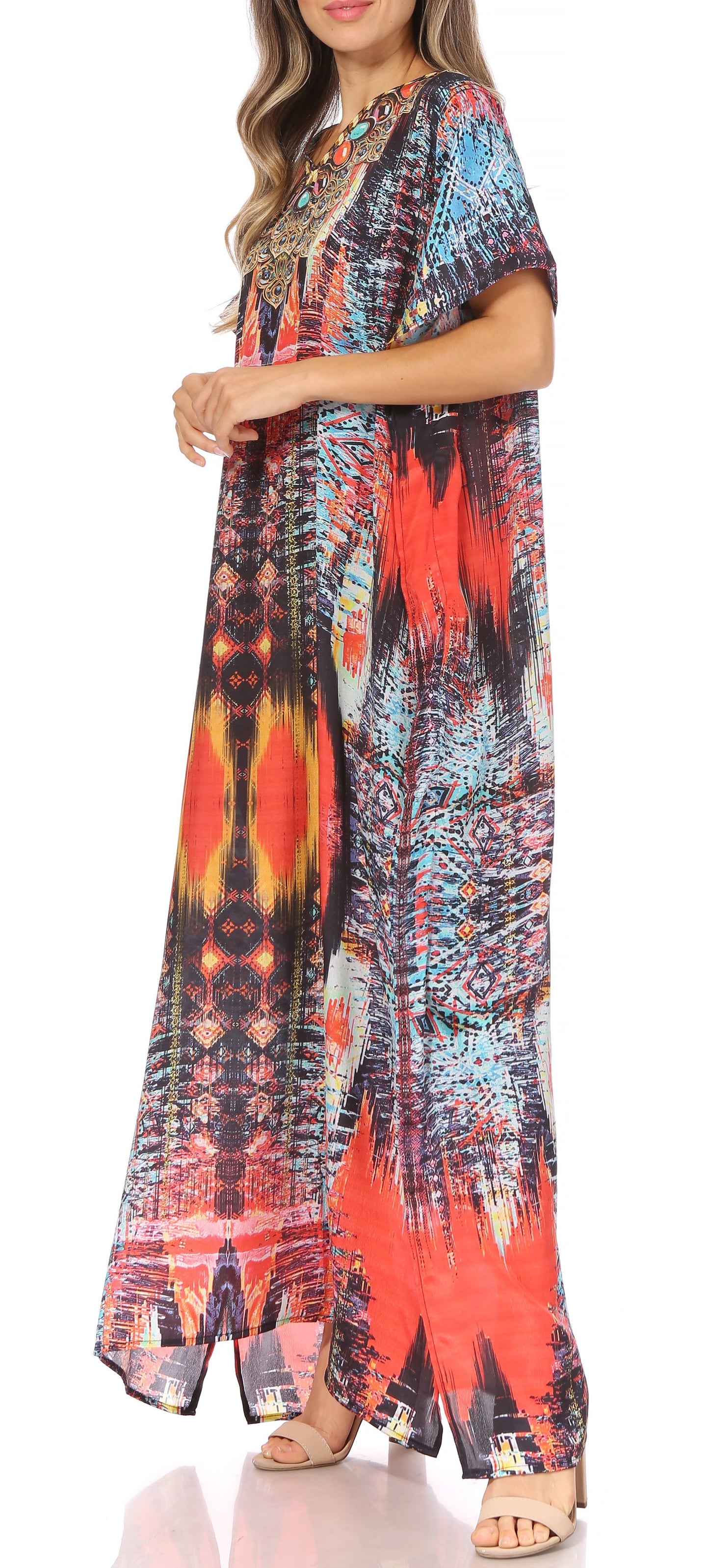 Sakkas Vicky Women's Casual Long Print Short Sleeve Petite Beach Maxi Caftan Dress - Concordia Style Boutique