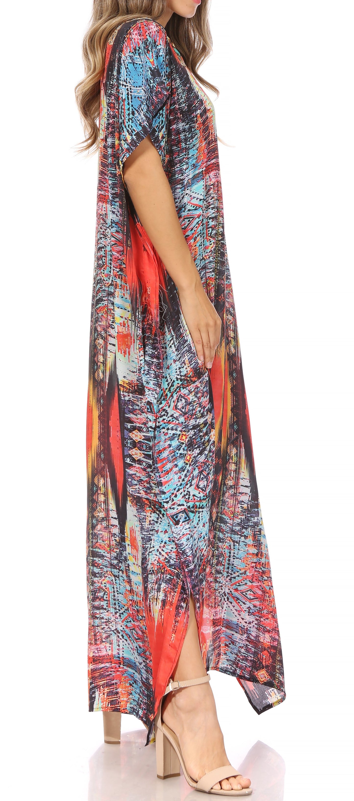 Sakkas Vicky Women's Casual Long Print Short Sleeve Petite Beach Maxi Caftan Dress - Concordia Style Boutique