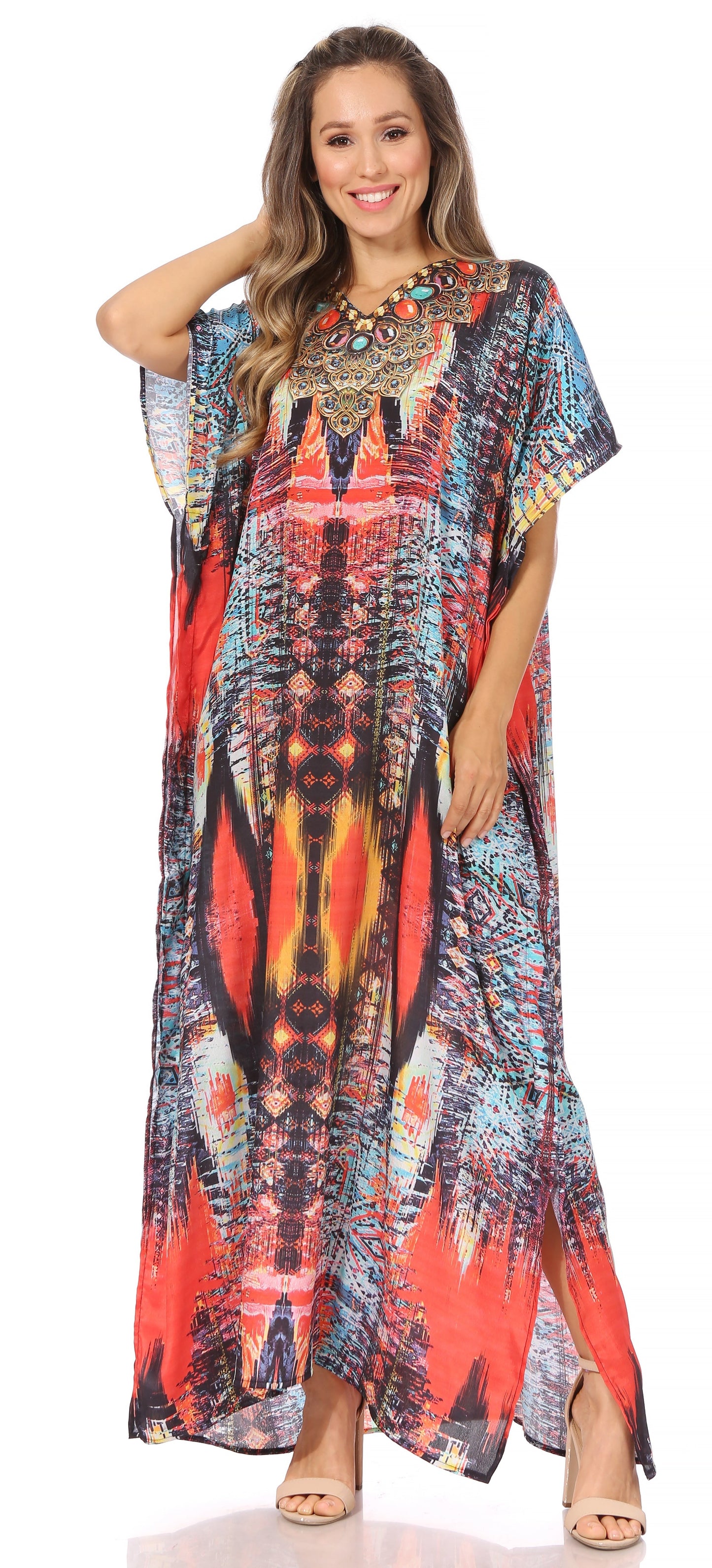Sakkas Vicky Women's Casual Long Print Short Sleeve Petite Beach Maxi Caftan Dress - Concordia Style Boutique