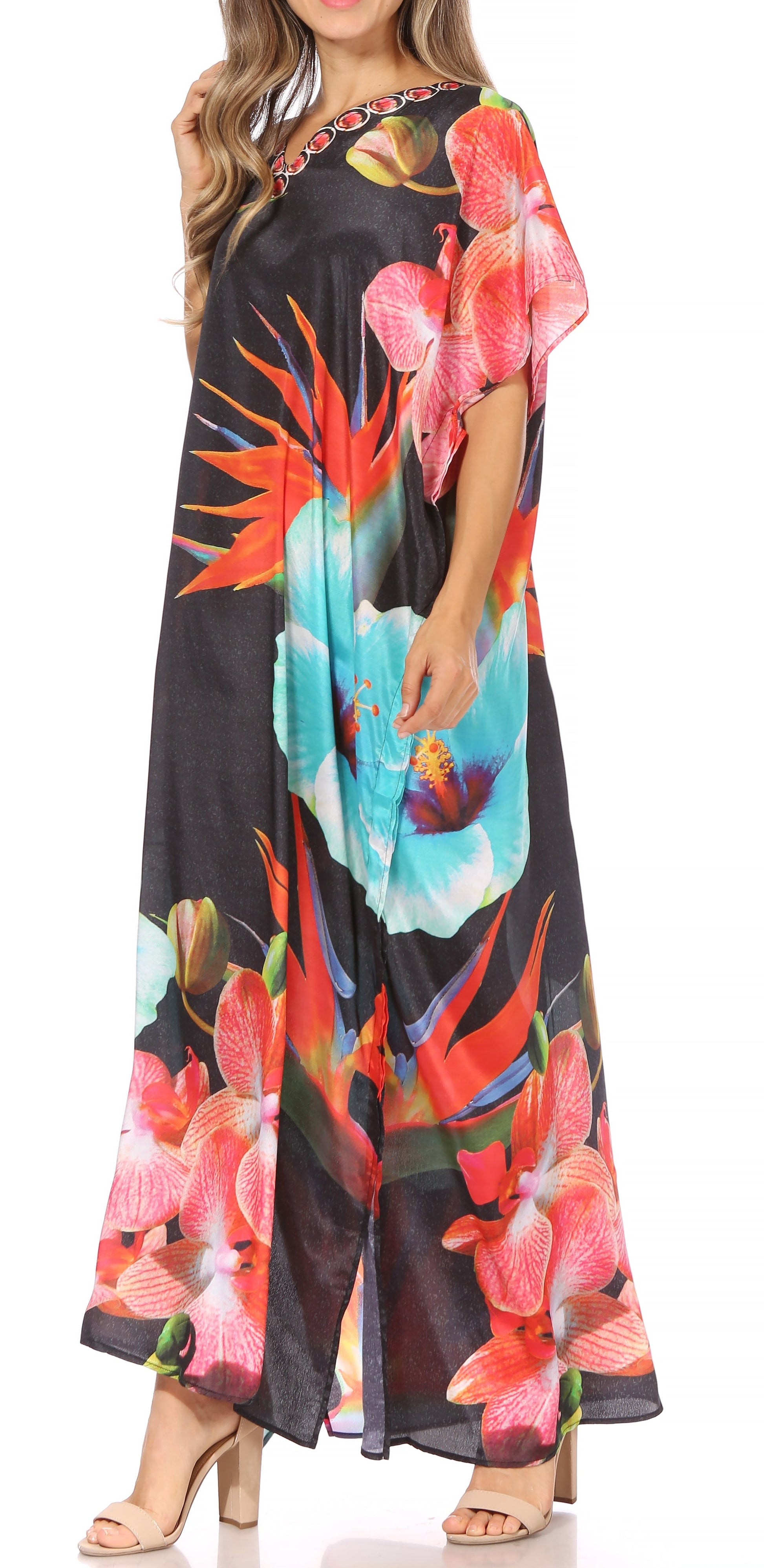 Sakkas Vicky Women's Casual Long Print Short Sleeve Petite Beach Maxi Caftan Dress - Concordia Style Boutique