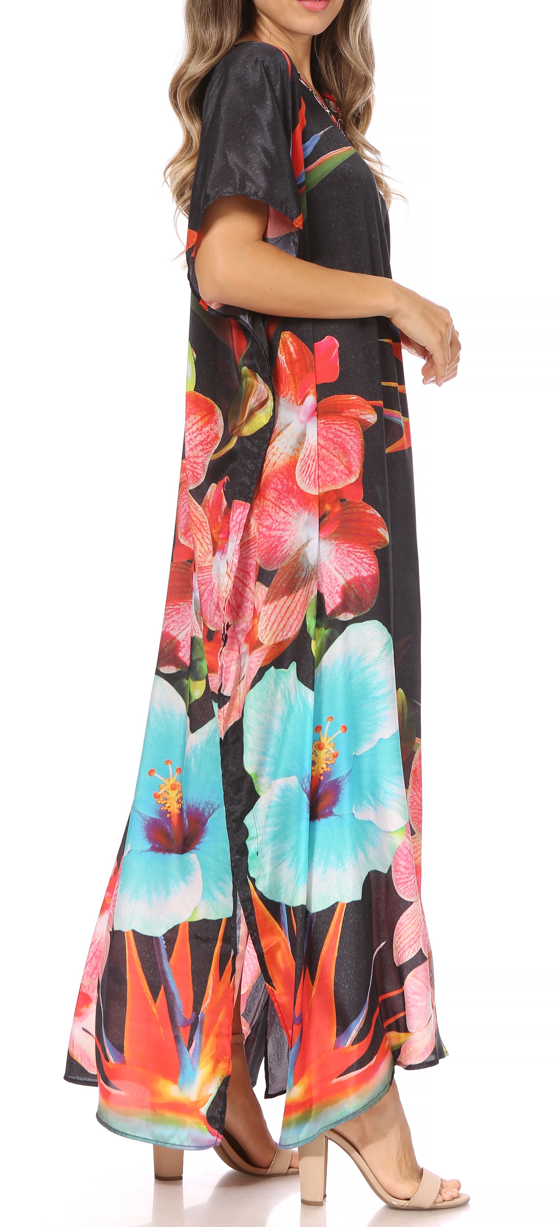 Sakkas Vicky Women's Casual Long Print Short Sleeve Petite Beach Maxi Caftan Dress - Concordia Style Boutique