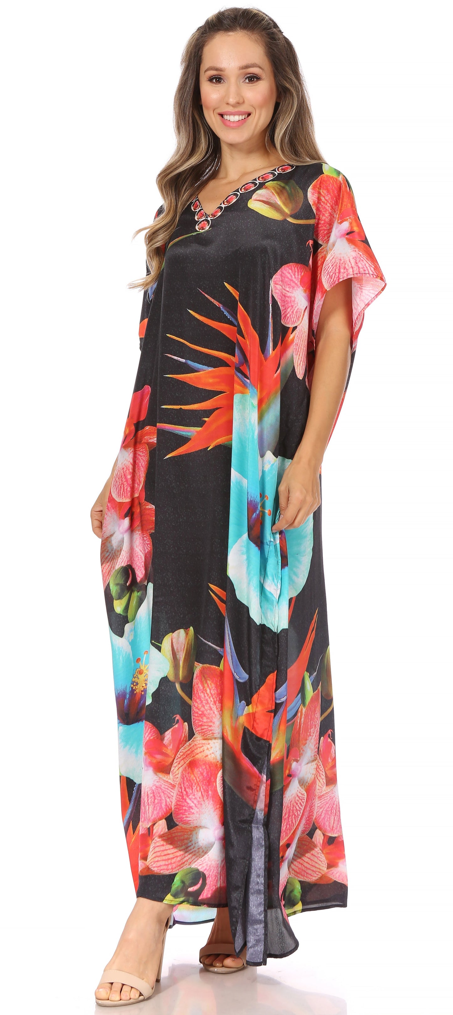 Sakkas Vicky Women's Casual Long Print Short Sleeve Petite Beach Maxi Caftan Dress - Concordia Style Boutique