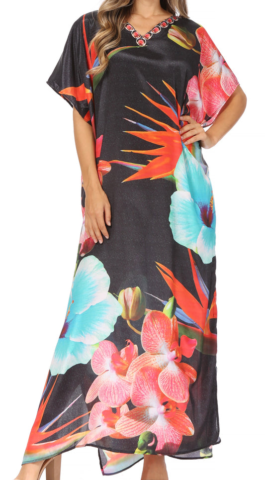 Sakkas Vicky Women's Casual Long Print Short Sleeve Petite Beach Maxi Caftan Dress - Concordia Style Boutique