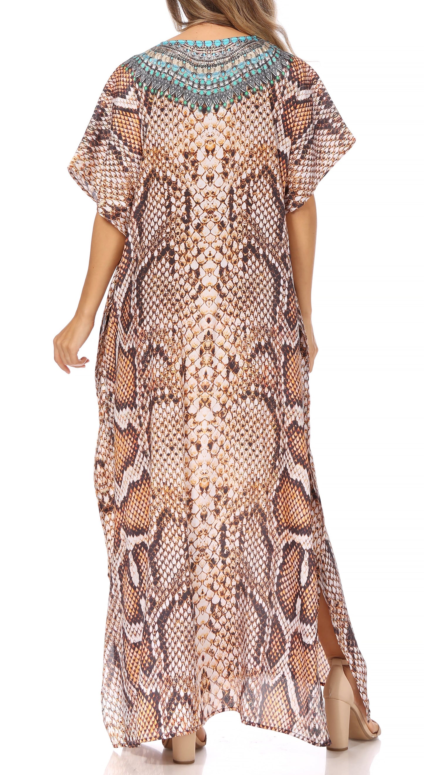 Sakkas Vicky Women's Casual Long Print Short Sleeve Petite Beach Maxi Caftan Dress - Concordia Style Boutique