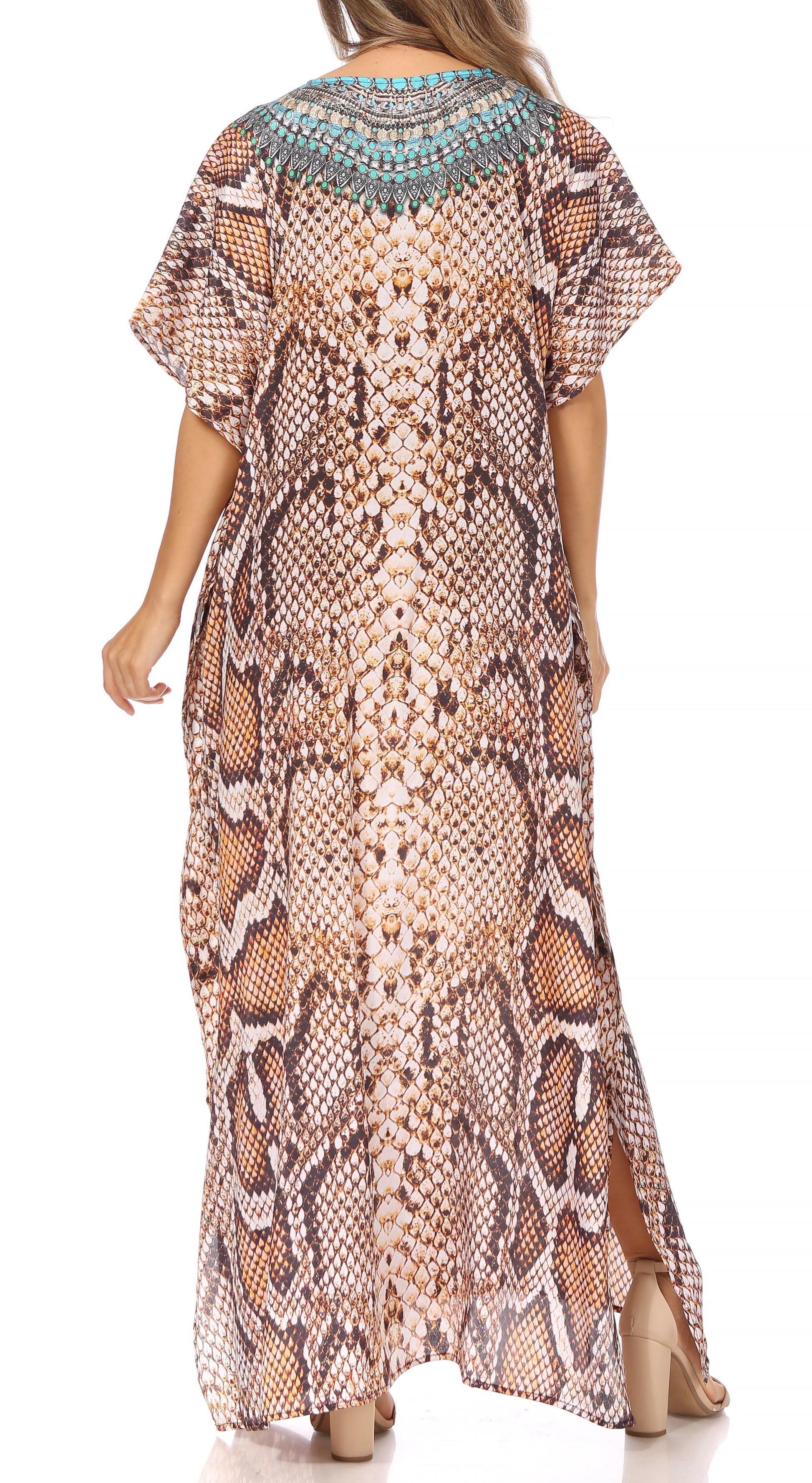 Sakkas Vicky Women's Casual Long Print Short Sleeve Petite Beach Maxi Caftan Dress - Concordia Style Boutique