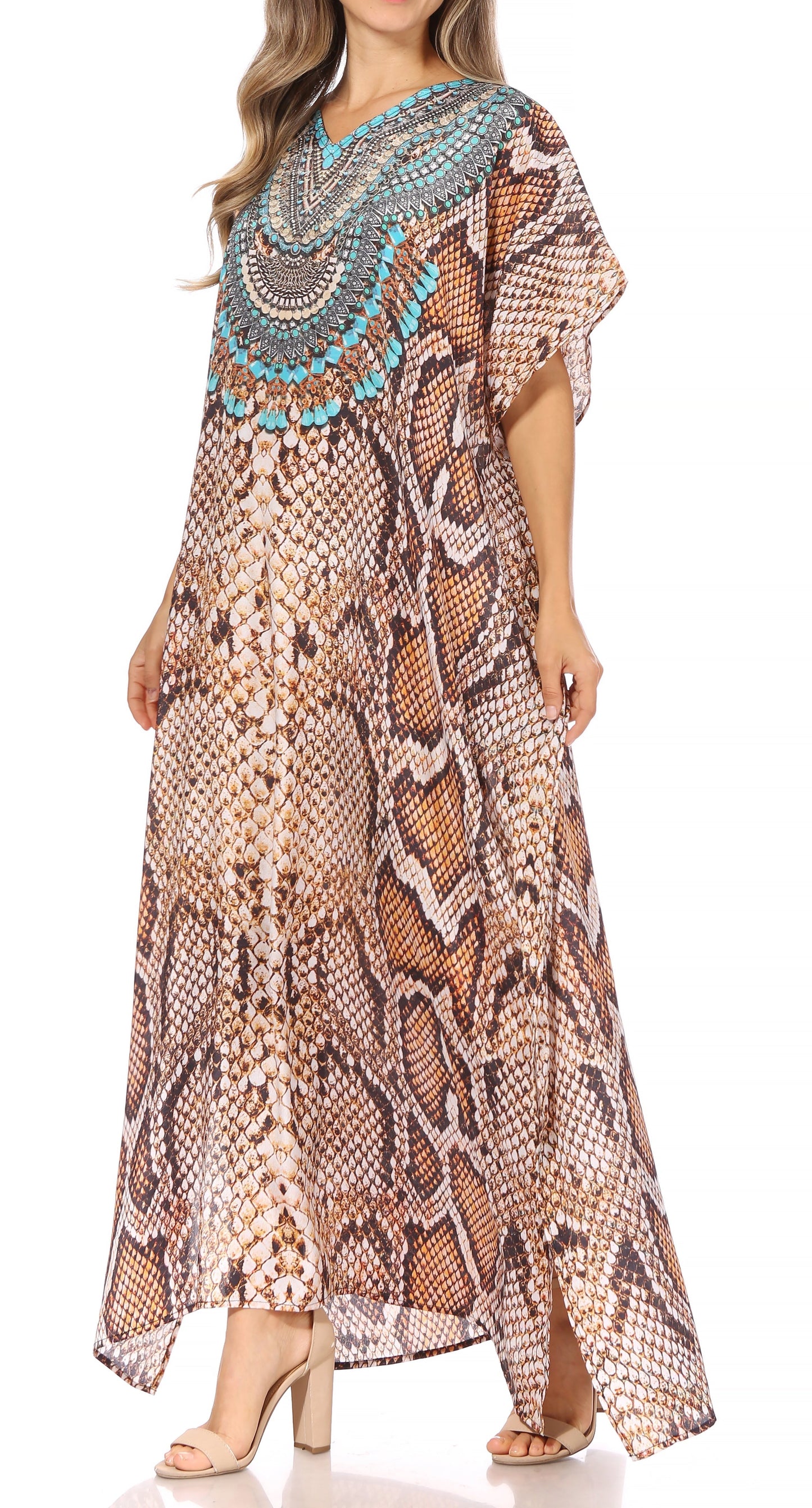 Sakkas Vicky Women's Casual Long Print Short Sleeve Petite Beach Maxi Caftan Dress - Concordia Style Boutique