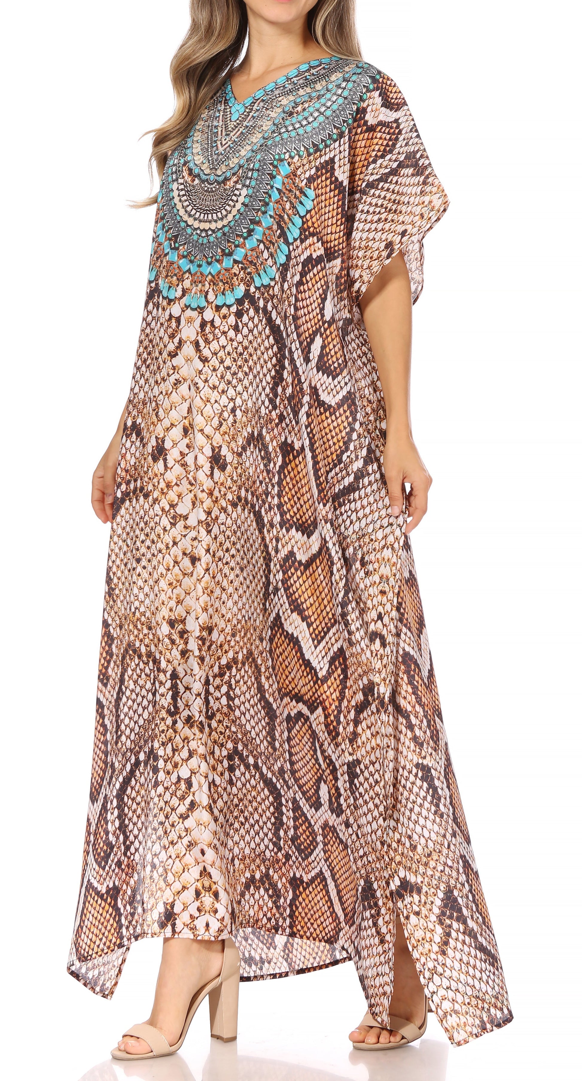Sakkas Vicky Women's Casual Long Print Short Sleeve Petite Beach Maxi Caftan Dress - Concordia Style Boutique
