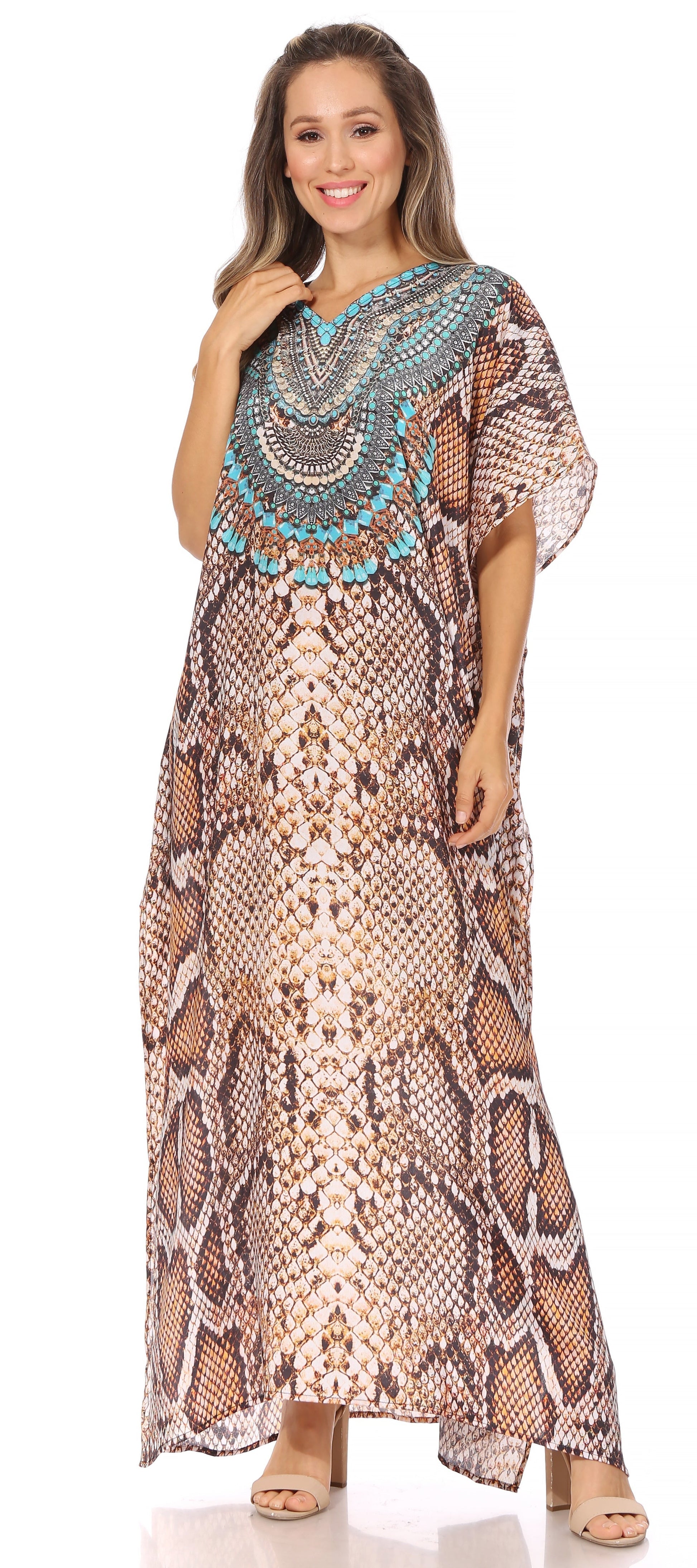Sakkas Vicky Women's Casual Long Print Short Sleeve Petite Beach Maxi Caftan Dress - Concordia Style Boutique