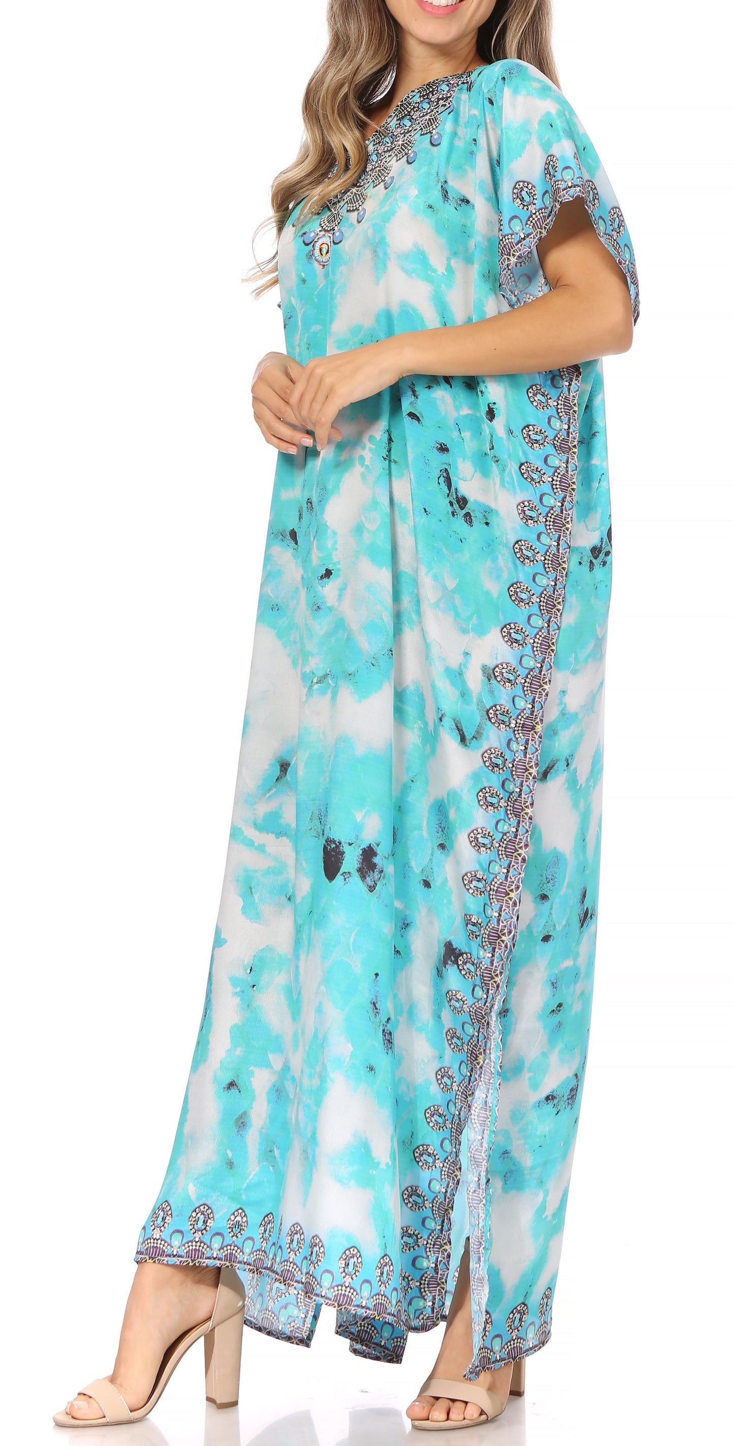 Sakkas Vicky Women's Casual Long Print Short Sleeve Petite Beach Maxi Caftan Dress - Concordia Style Boutique