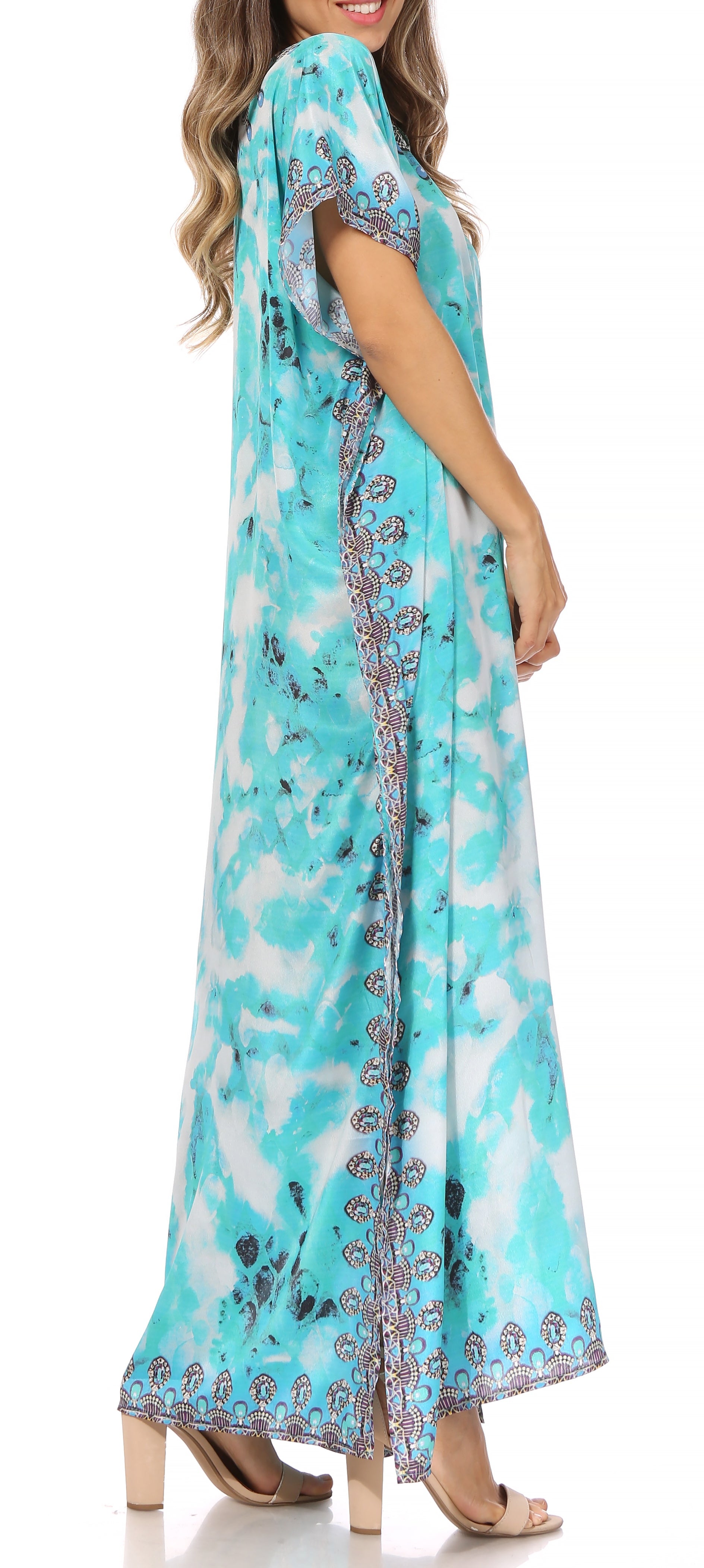 Sakkas Vicky Women's Casual Long Print Short Sleeve Petite Beach Maxi Caftan Dress - Concordia Style Boutique