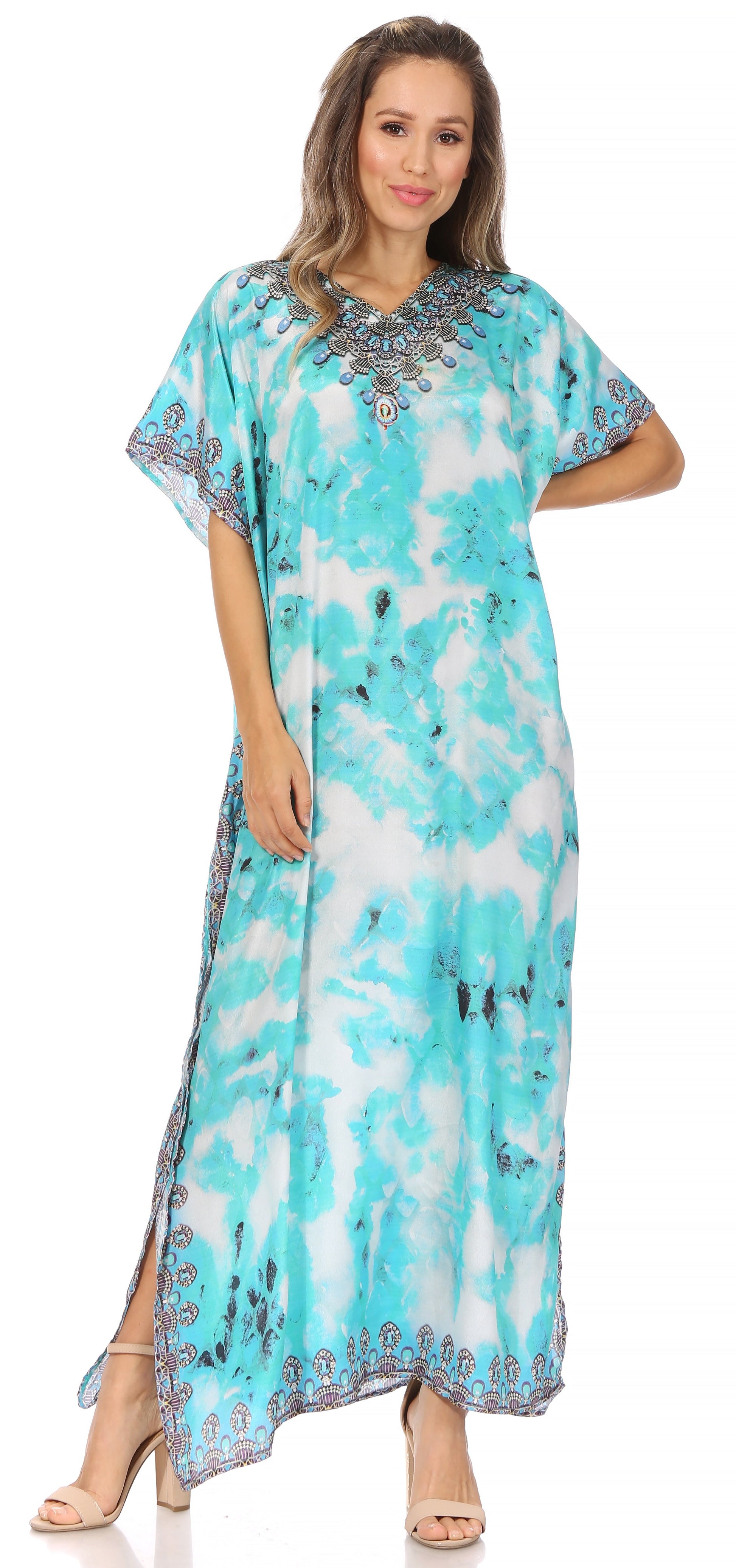 Sakkas Vicky Women's Casual Long Print Short Sleeve Petite Beach Maxi Caftan Dress - Concordia Style Boutique