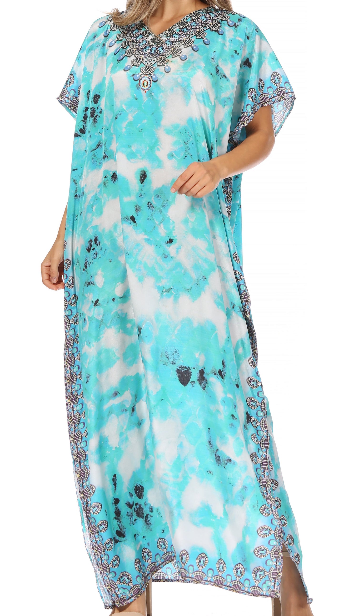Sakkas Vicky Women's Casual Long Print Short Sleeve Petite Beach Maxi Caftan Dress - Concordia Style Boutique