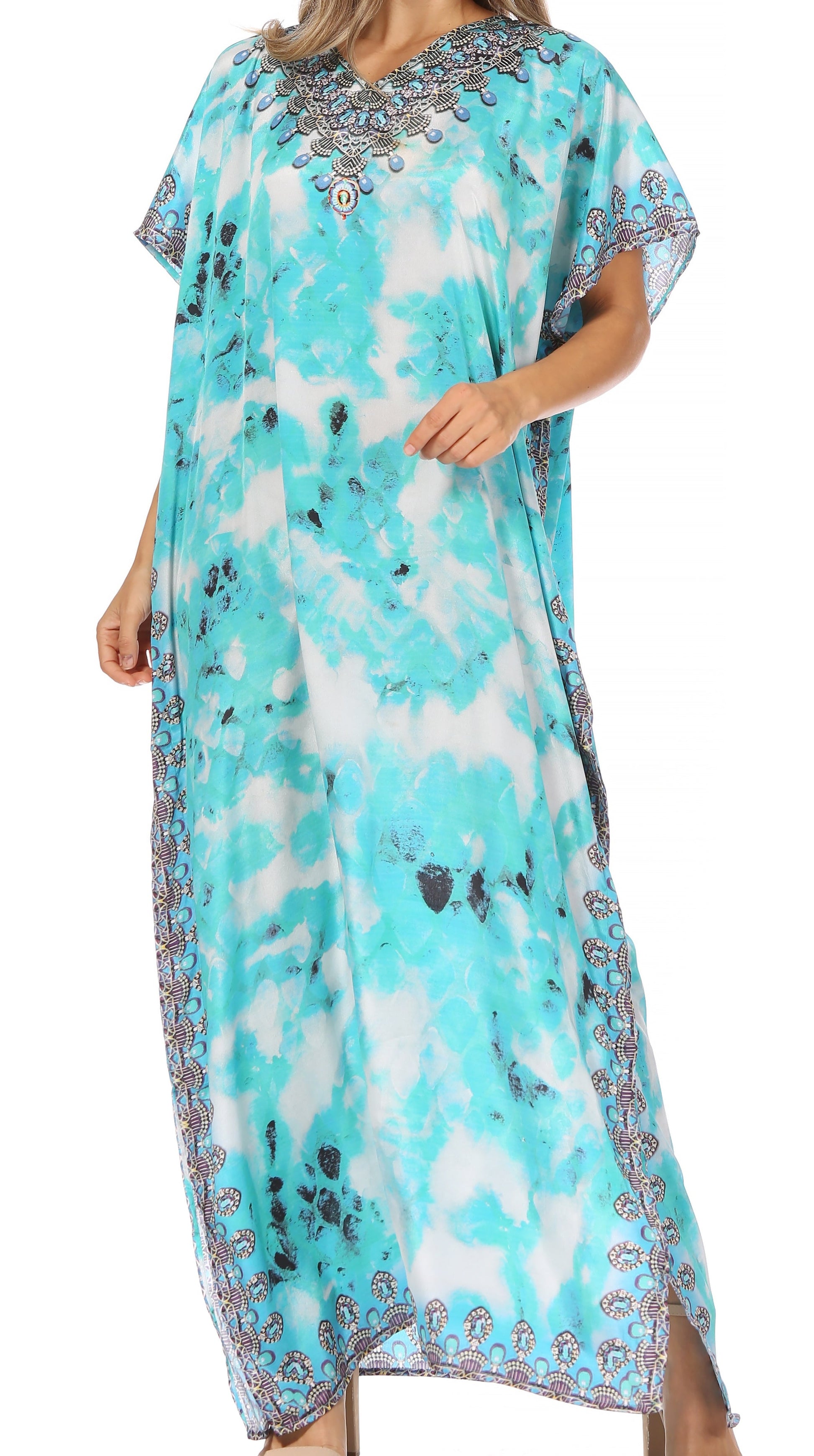 Sakkas Vicky Women's Casual Long Print Short Sleeve Petite Beach Maxi Caftan Dress - Concordia Style Boutique
