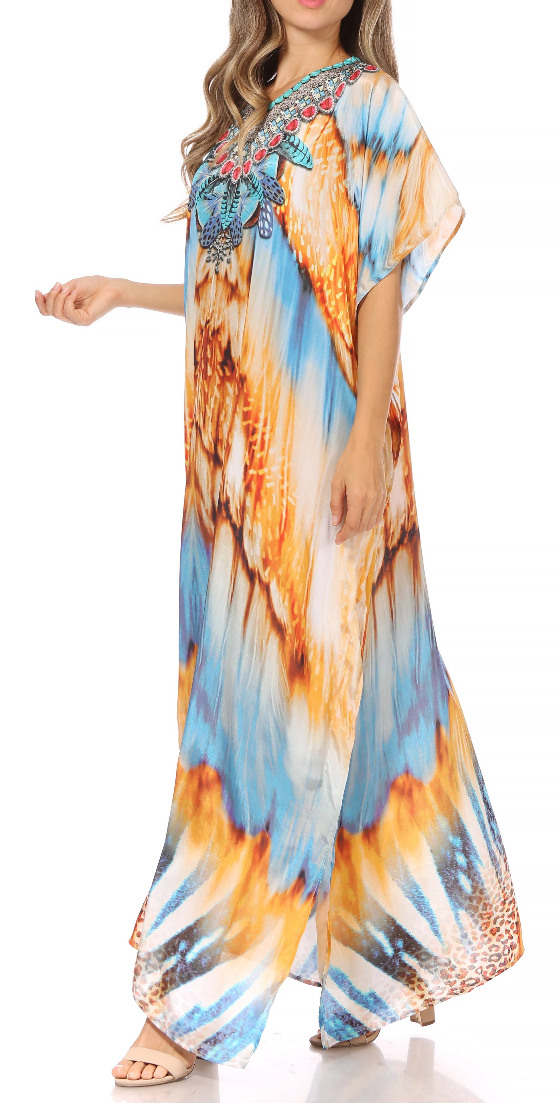 Sakkas Vicky Women's Casual Long Print Short Sleeve Petite Beach Maxi Caftan Dress - Concordia Style Boutique
