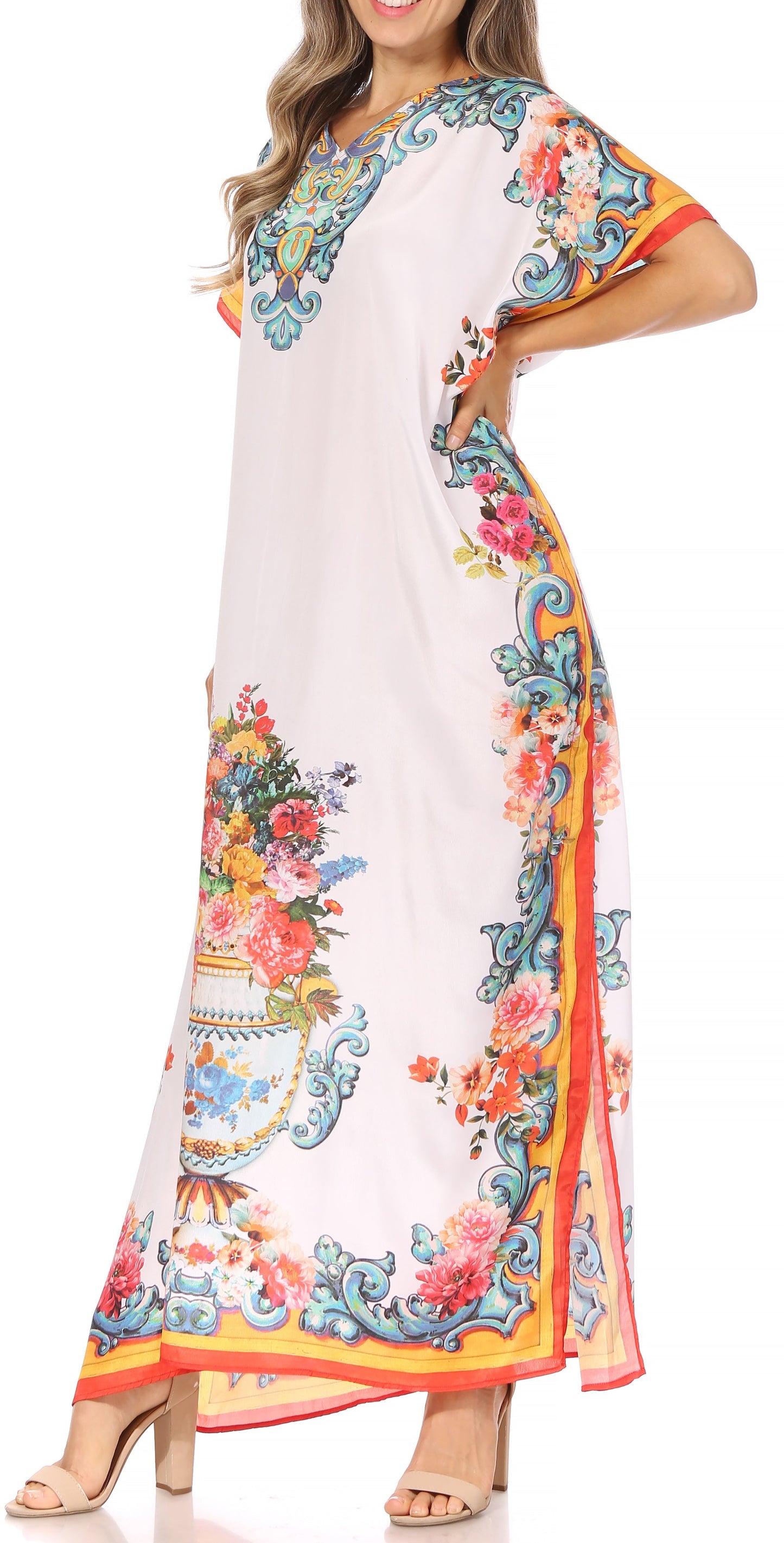 Sakkas Vicky Women's Casual Long Print Short Sleeve Petite Beach Maxi Caftan Dress - Concordia Style Boutique