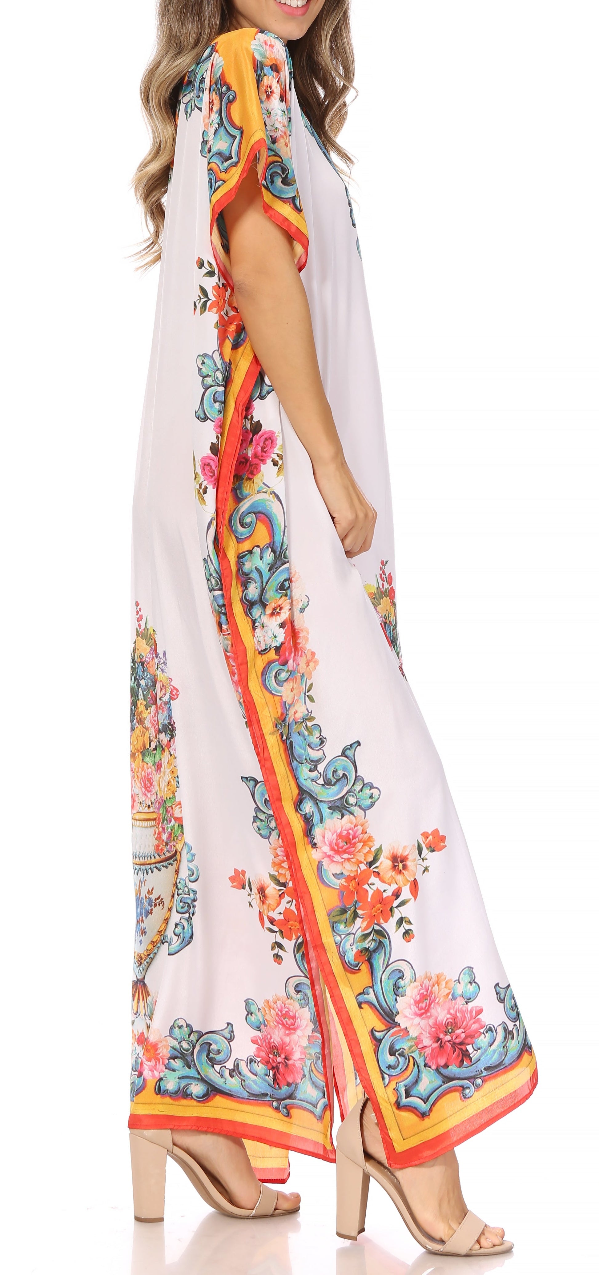 Sakkas Vicky Women's Casual Long Print Short Sleeve Petite Beach Maxi Caftan Dress - Concordia Style Boutique