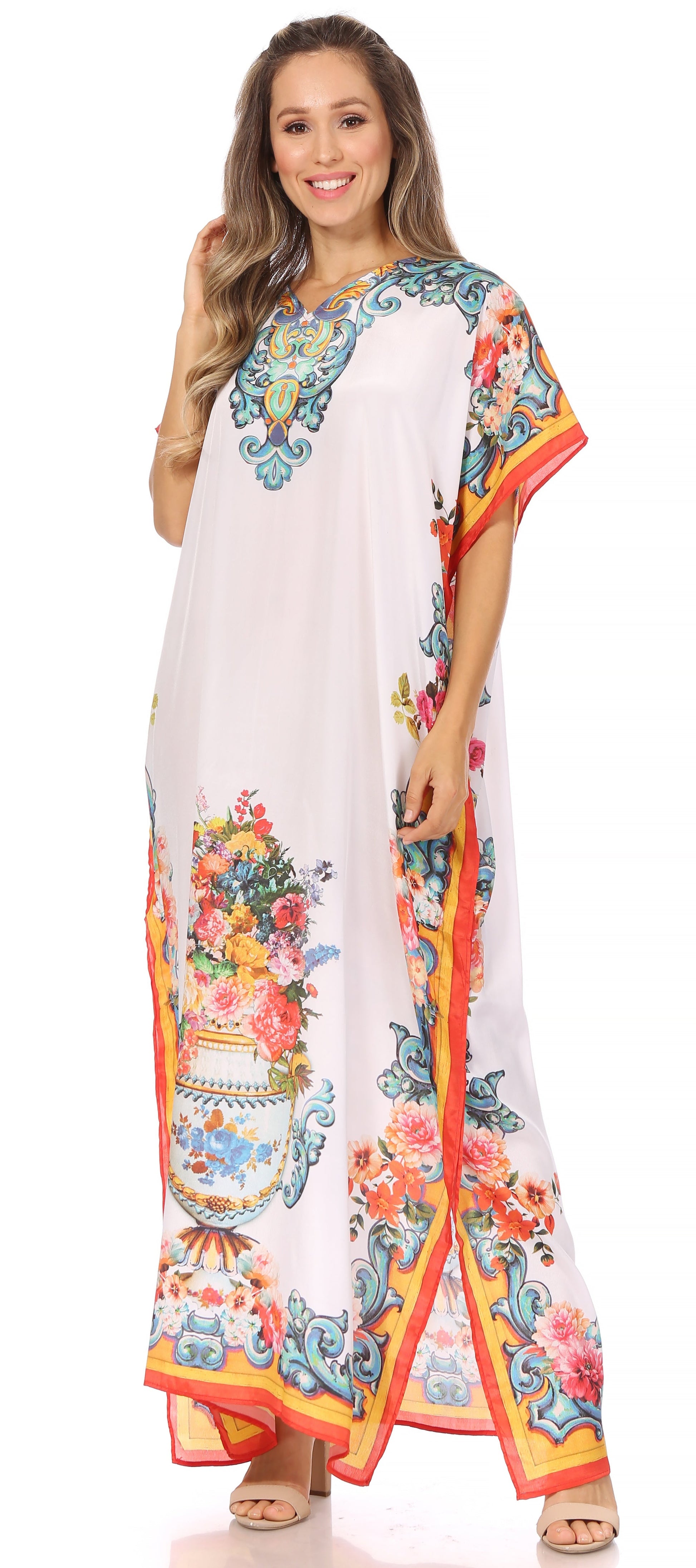 Sakkas Vicky Women's Casual Long Print Short Sleeve Petite Beach Maxi Caftan Dress - Concordia Style Boutique