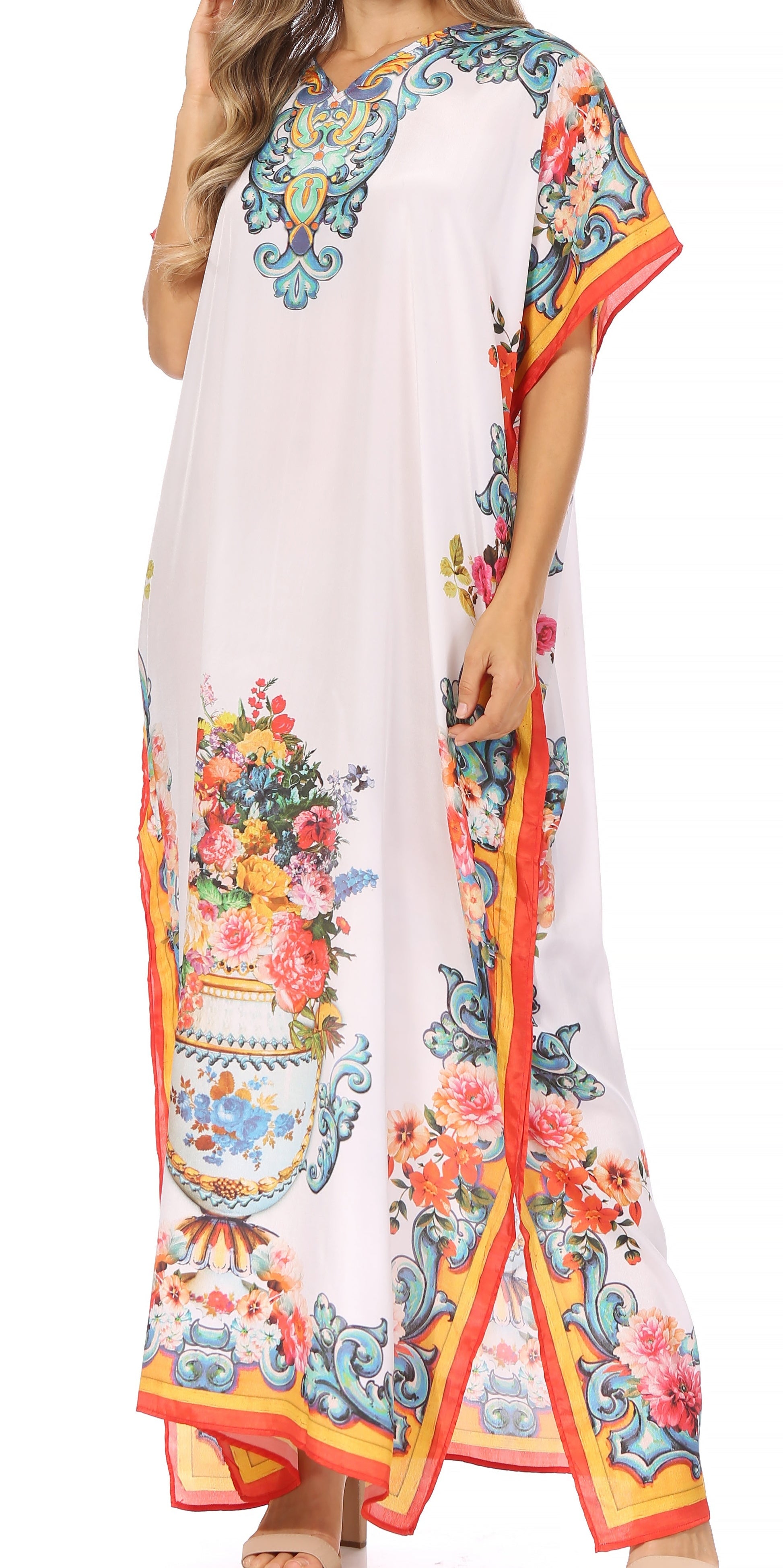 Sakkas Vicky Women's Casual Long Print Short Sleeve Petite Beach Maxi Caftan Dress - Concordia Style Boutique