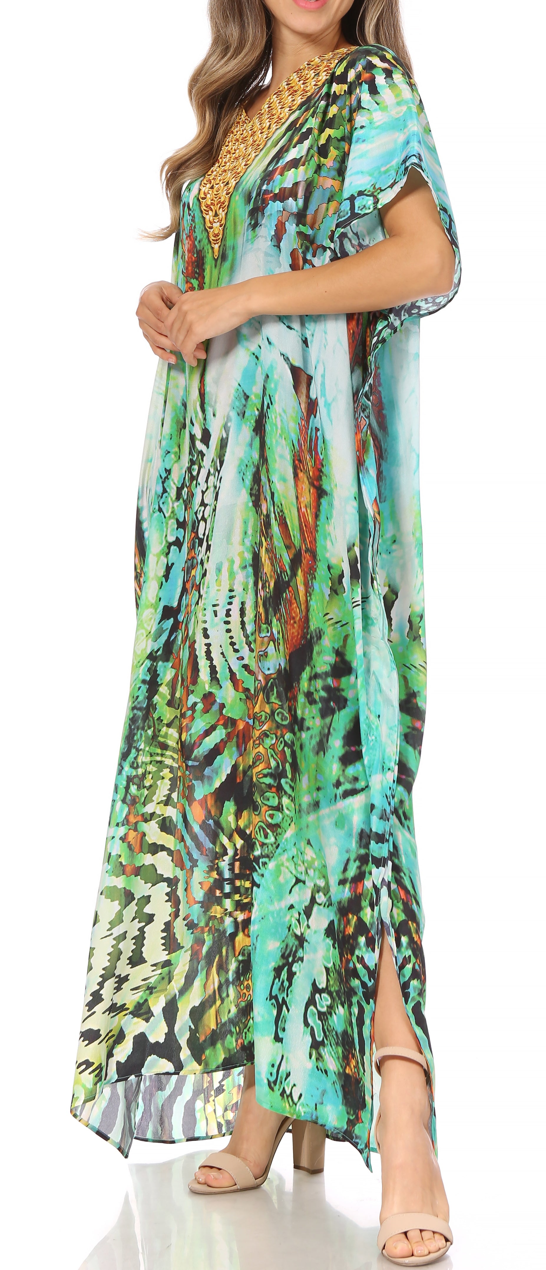 Sakkas Vicky Women's Casual Long Print Short Sleeve Petite Beach Maxi Caftan Dress - Concordia Style Boutique