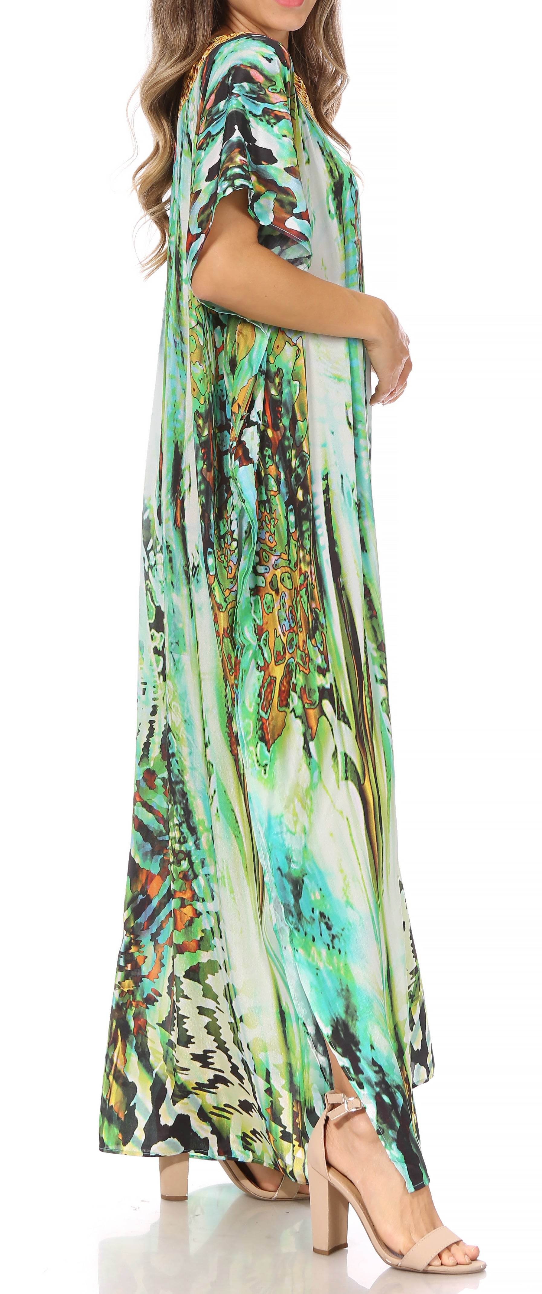 Sakkas Vicky Women's Casual Long Print Short Sleeve Petite Beach Maxi Caftan Dress - Concordia Style Boutique