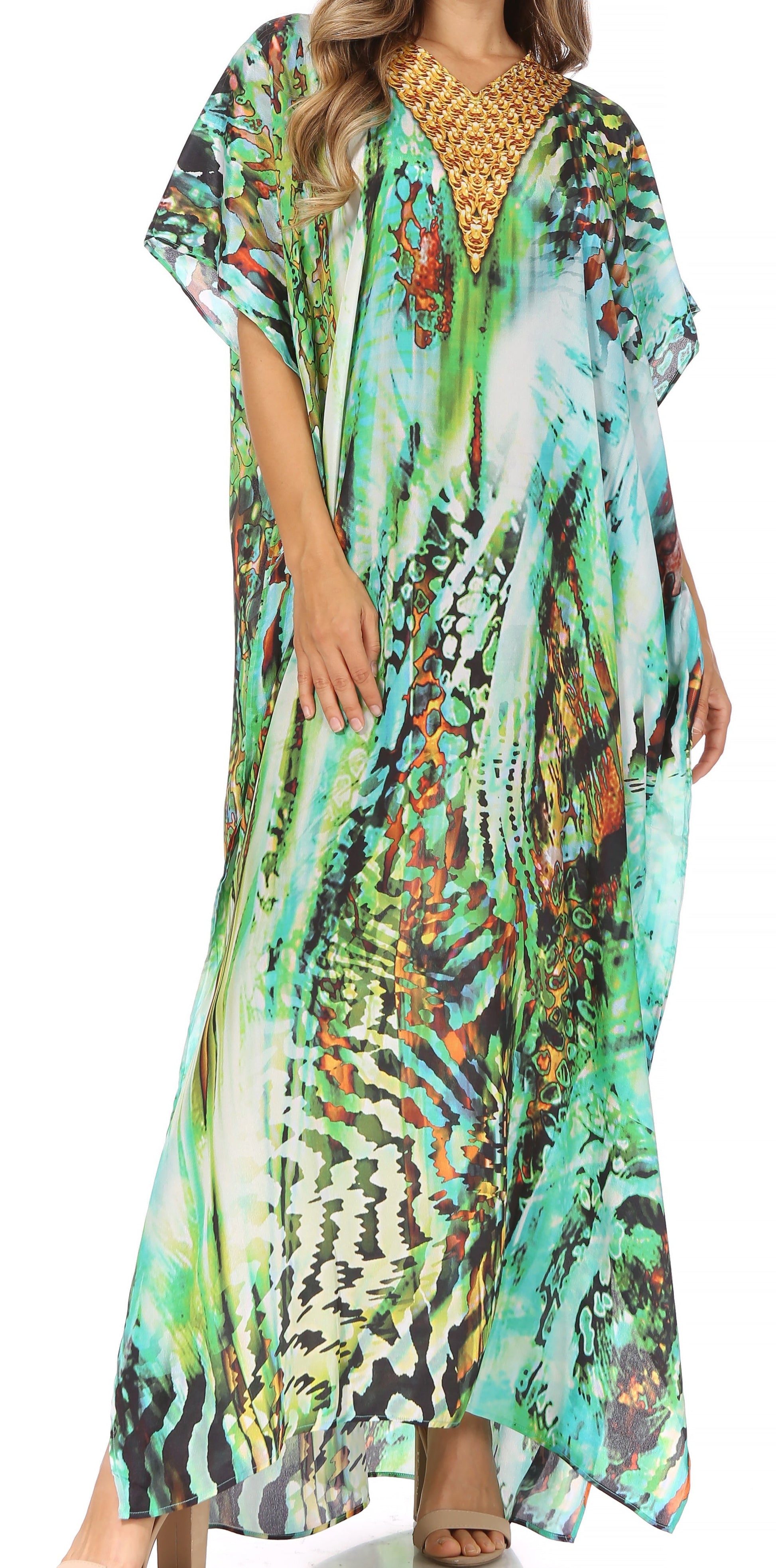 Sakkas Vicky Women's Casual Long Print Short Sleeve Petite Beach Maxi Caftan Dress - Concordia Style Boutique