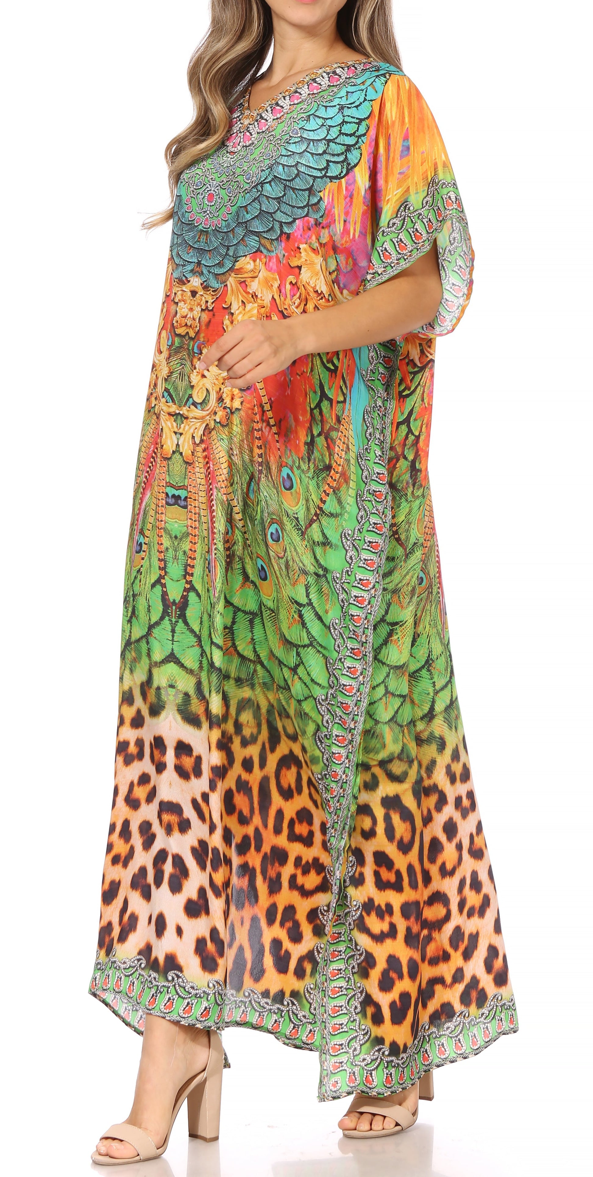 Sakkas Vicky Women's Casual Long Print Short Sleeve Petite Beach Maxi Caftan Dress - Concordia Style Boutique
