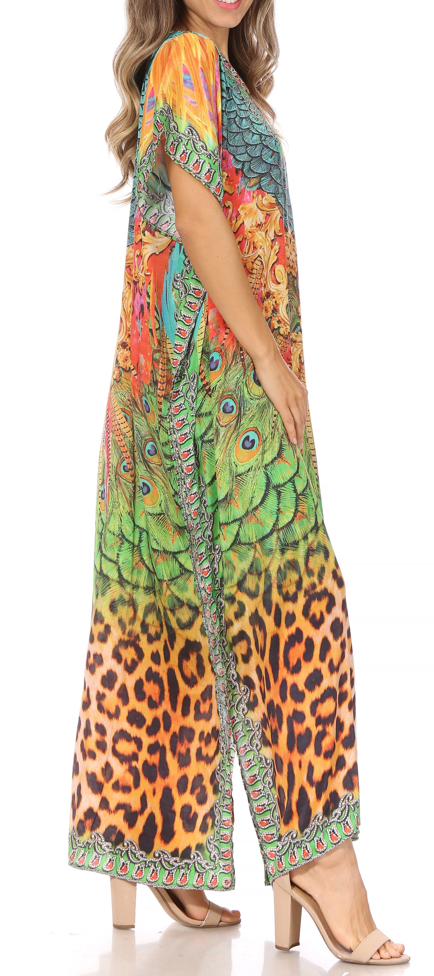 Sakkas Vicky Women's Casual Long Print Short Sleeve Petite Beach Maxi Caftan Dress - Concordia Style Boutique