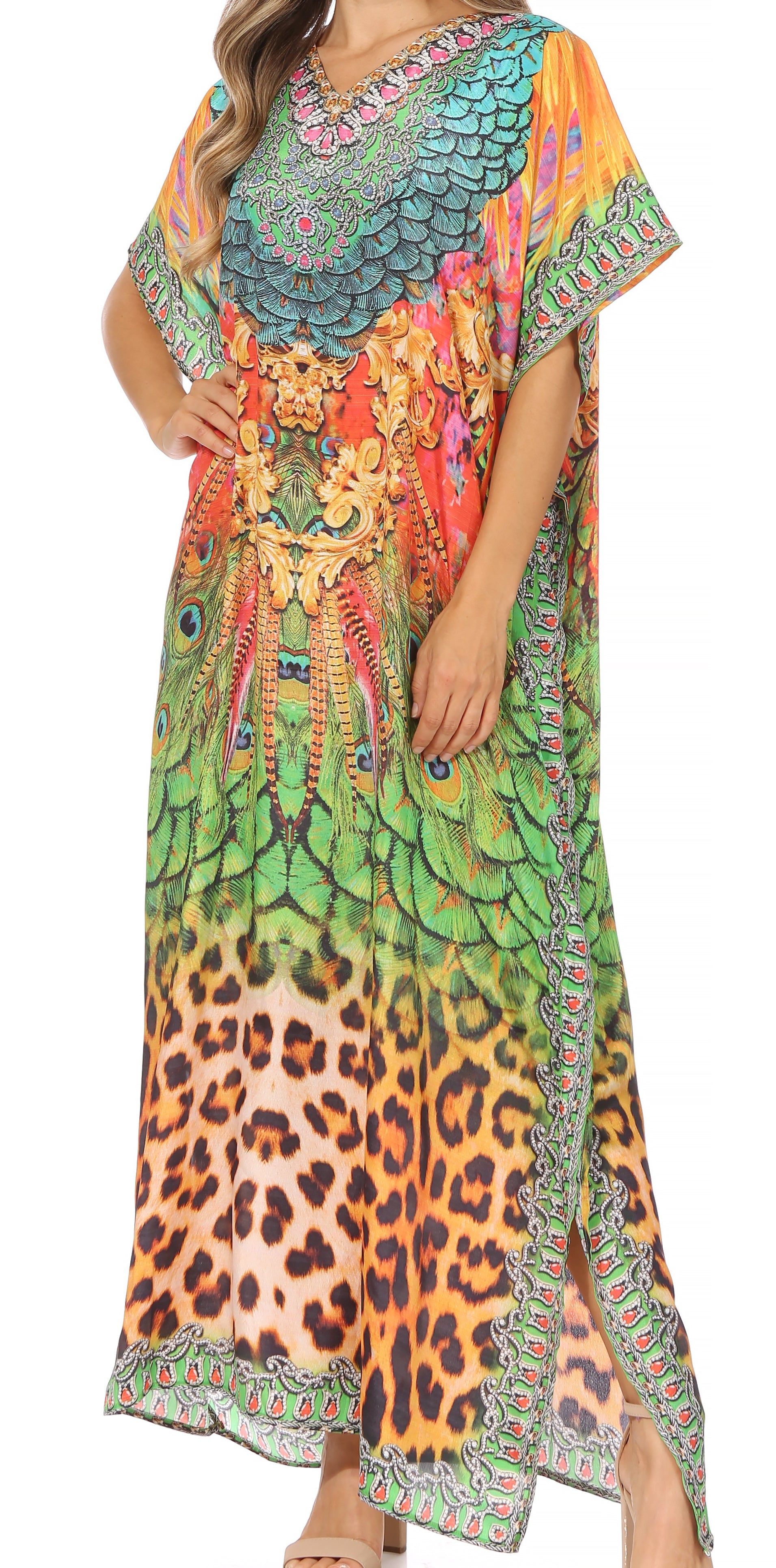 Sakkas Vicky Women's Casual Long Print Short Sleeve Petite Beach Maxi Caftan Dress - Concordia Style Boutique