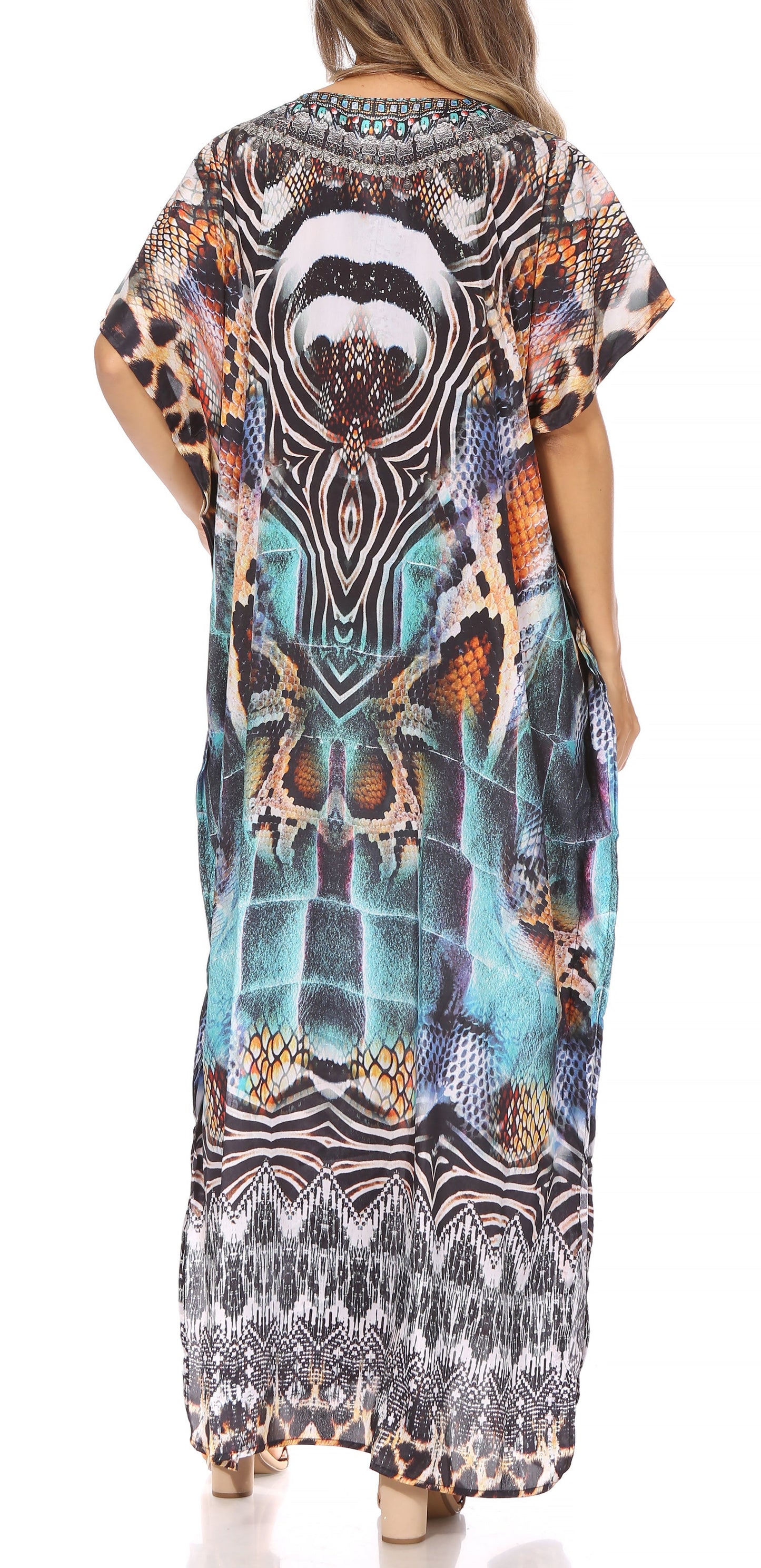 Sakkas Vicky Women's Casual Long Print Short Sleeve Petite Beach Maxi Caftan Dress - Concordia Style Boutique