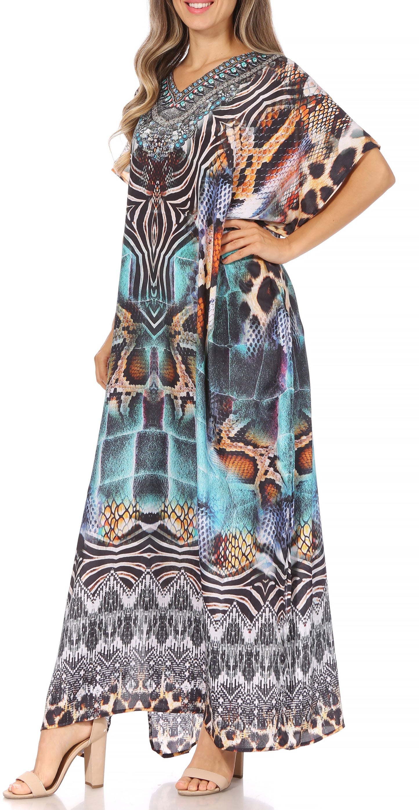 Sakkas Vicky Women's Casual Long Print Short Sleeve Petite Beach Maxi Caftan Dress - Concordia Style Boutique