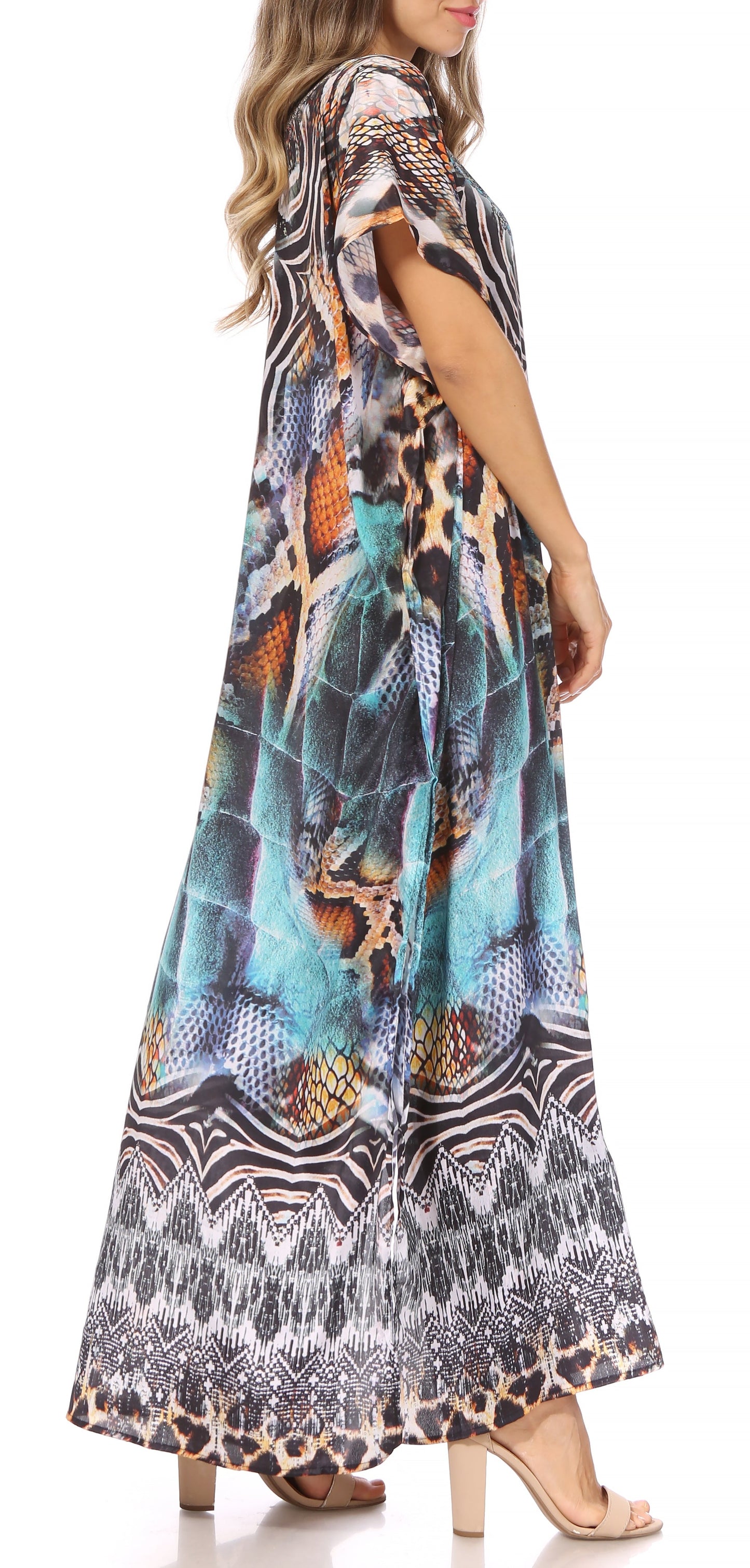 Sakkas Vicky Women's Casual Long Print Short Sleeve Petite Beach Maxi Caftan Dress - Concordia Style Boutique
