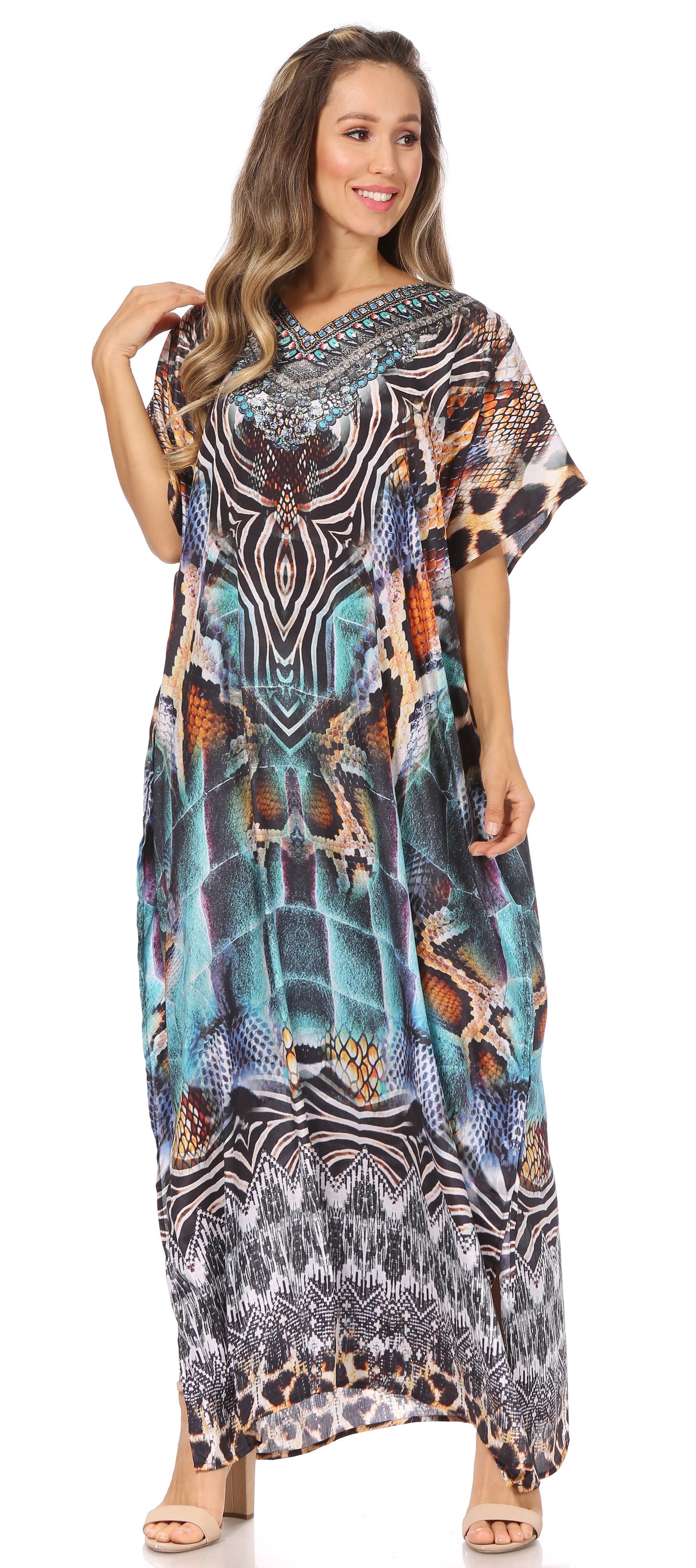 Sakkas Vicky Women's Casual Long Print Short Sleeve Petite Beach Maxi Caftan Dress - Concordia Style Boutique