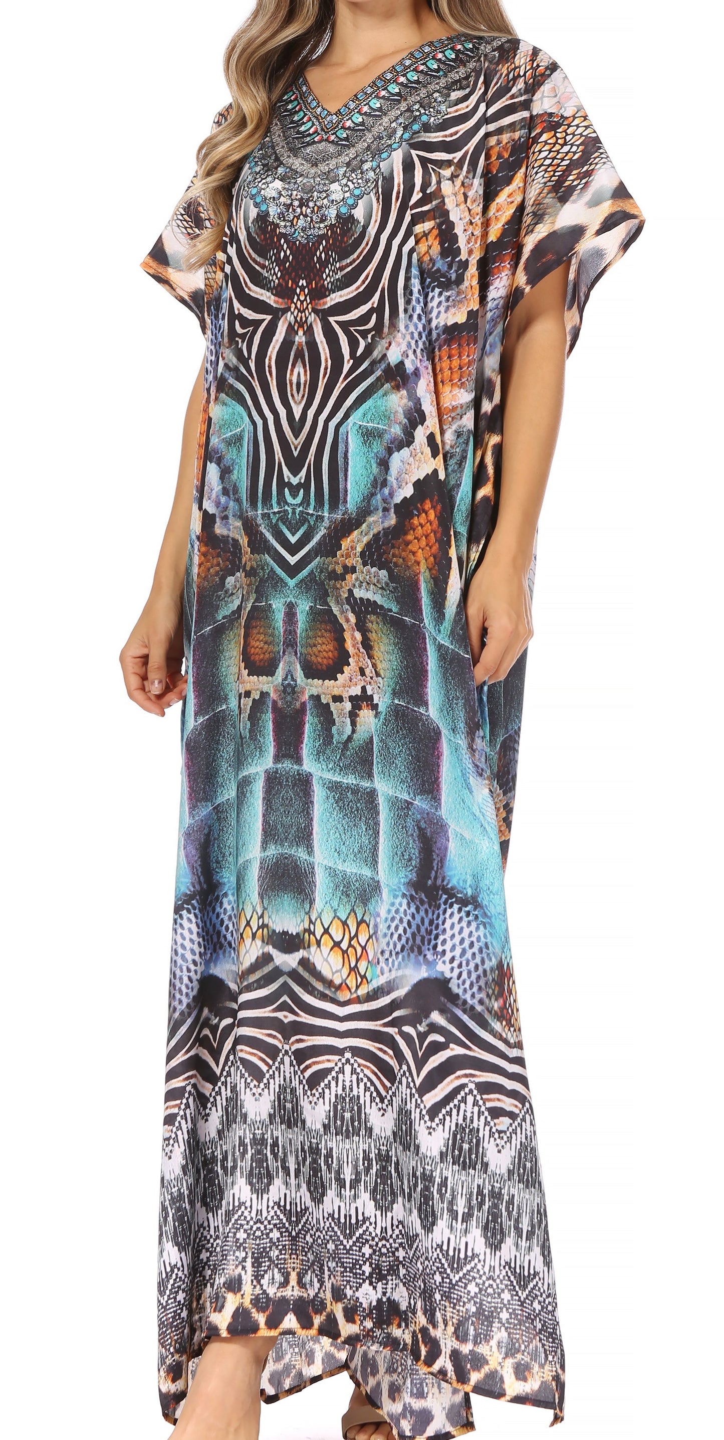 Sakkas Vicky Women's Casual Long Print Short Sleeve Petite Beach Maxi Caftan Dress - Concordia Style Boutique