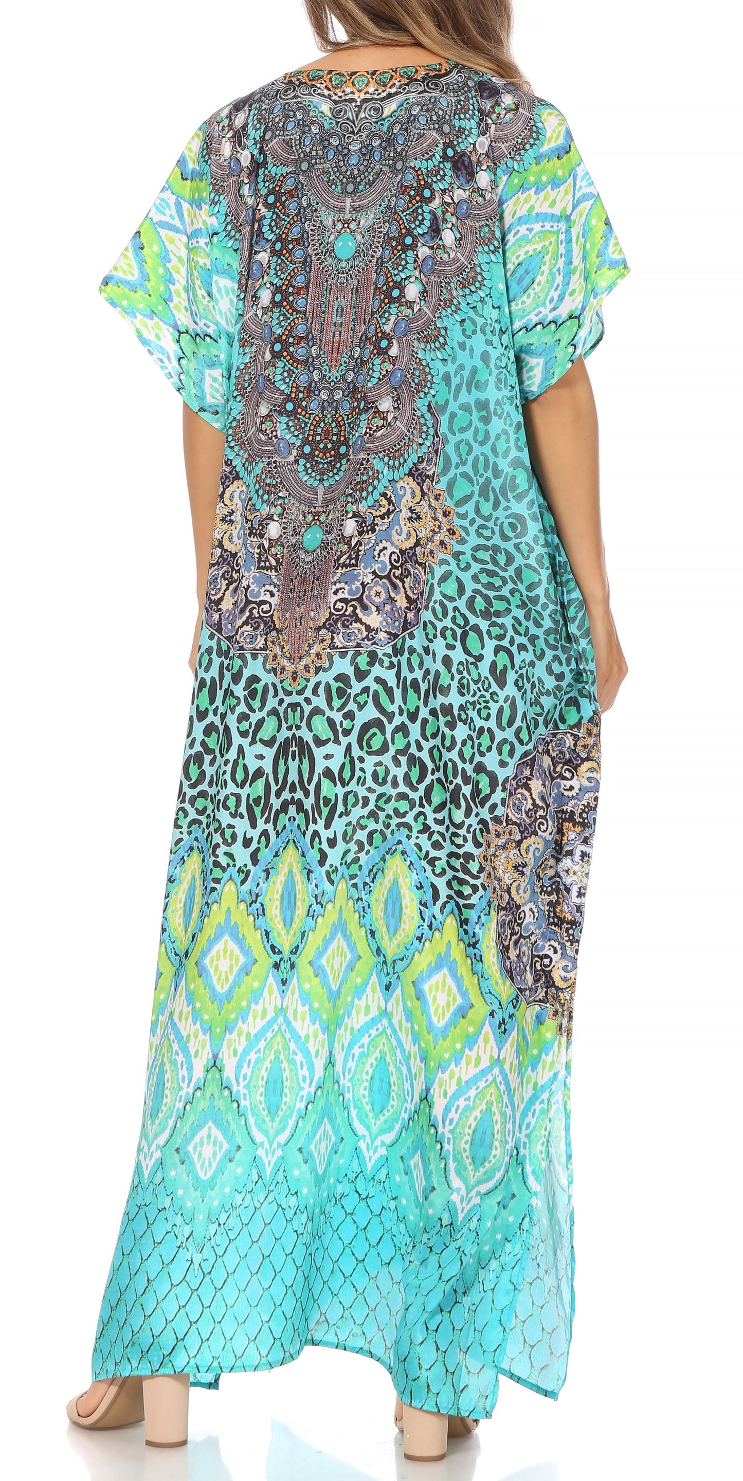 Sakkas Vicky Women's Casual Long Print Short Sleeve Petite Beach Maxi Caftan Dress - Concordia Style Boutique