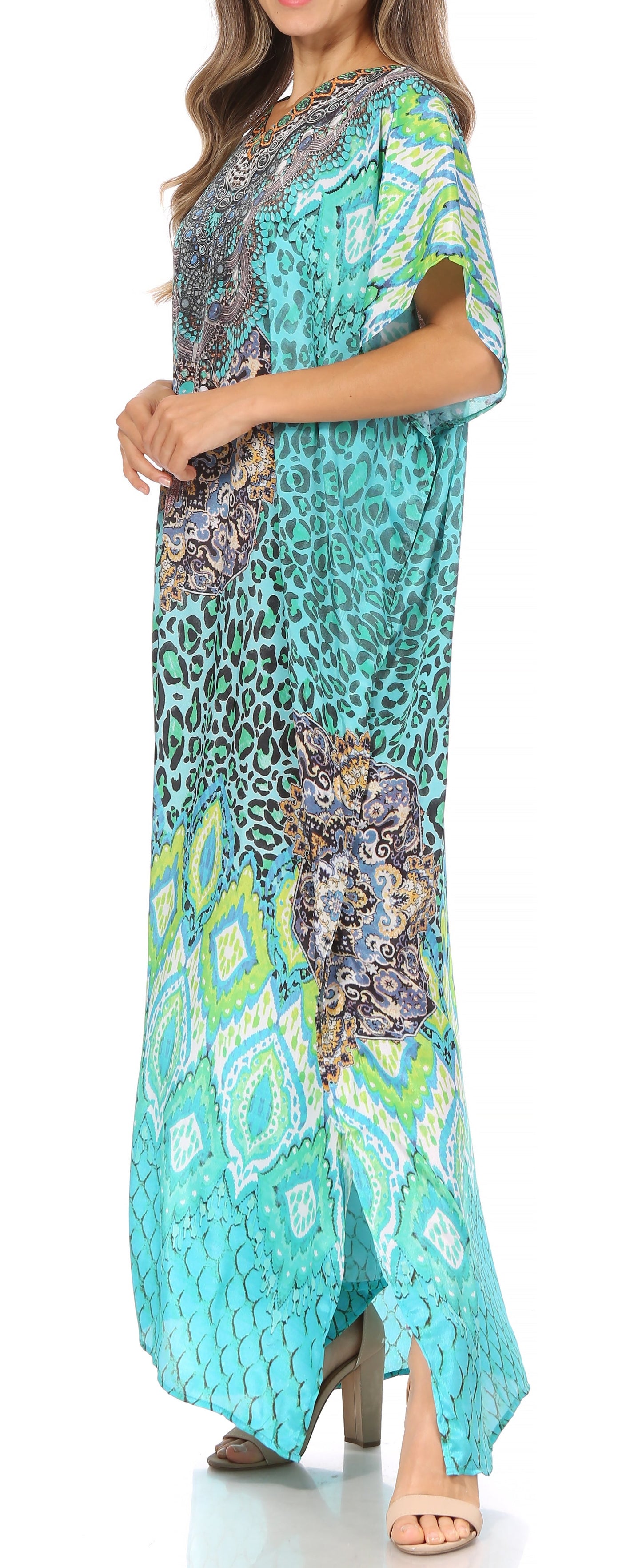 Sakkas Vicky Women's Casual Long Print Short Sleeve Petite Beach Maxi Caftan Dress - Concordia Style Boutique