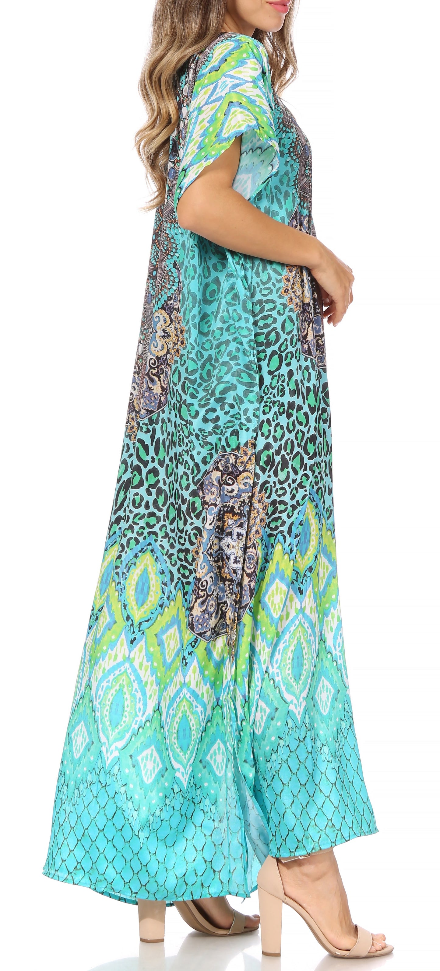 Sakkas Vicky Women's Casual Long Print Short Sleeve Petite Beach Maxi Caftan Dress - Concordia Style Boutique