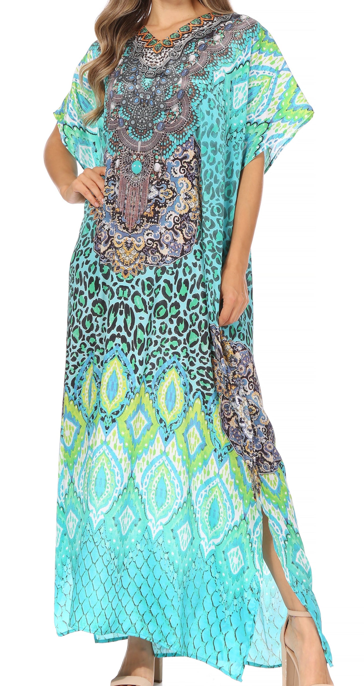 Sakkas Vicky Women's Casual Long Print Short Sleeve Petite Beach Maxi Caftan Dress - Concordia Style Boutique