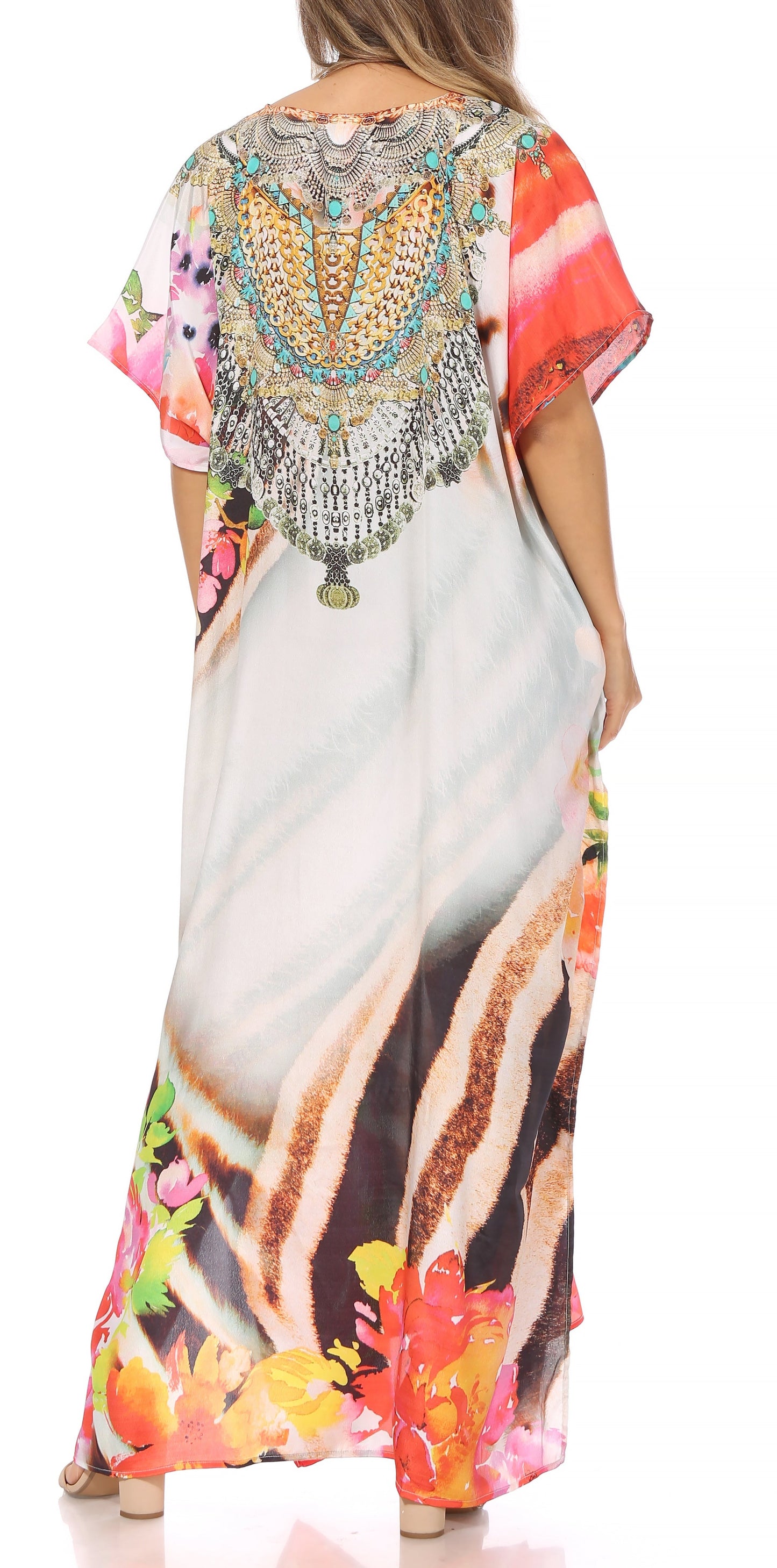 Sakkas Vicky Women's Casual Long Print Short Sleeve Petite Beach Maxi Caftan Dress - Concordia Style Boutique
