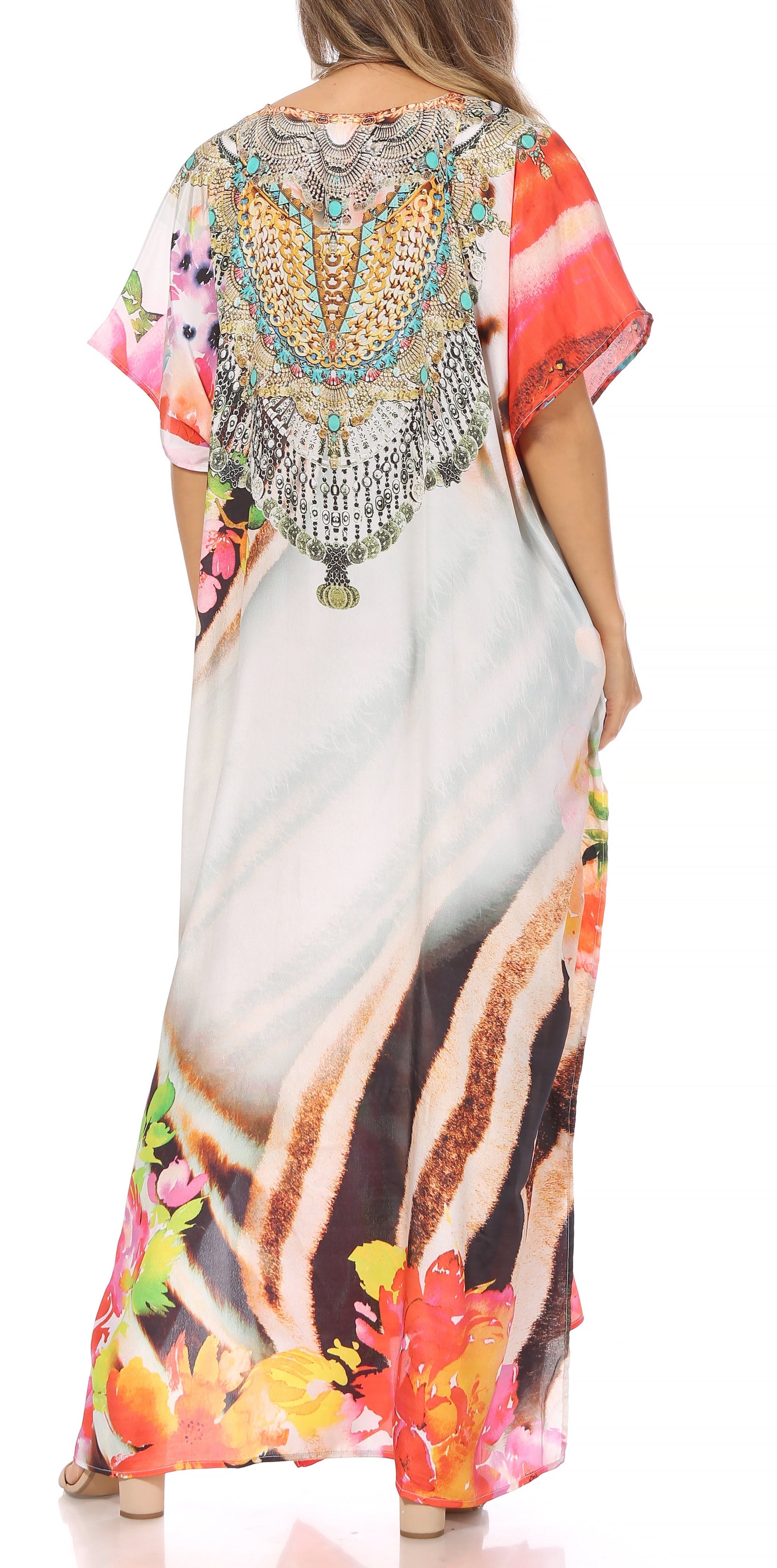 Sakkas Vicky Women's Casual Long Print Short Sleeve Petite Beach Maxi Caftan Dress - Concordia Style Boutique