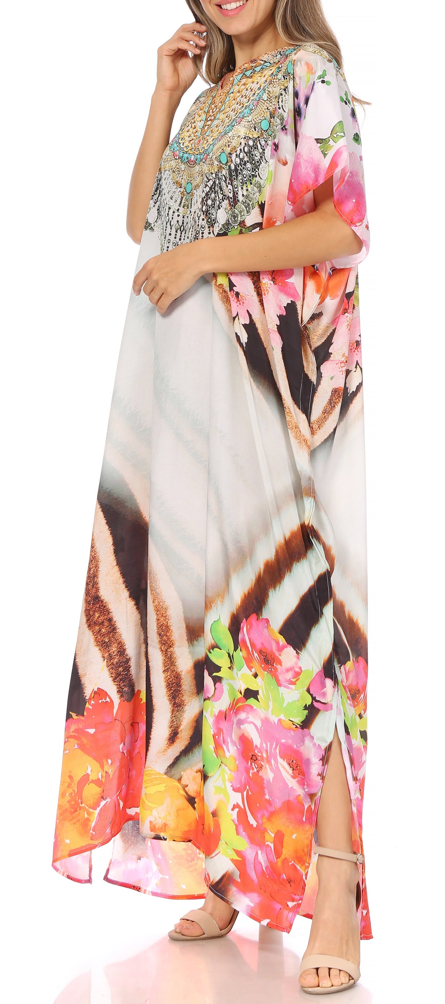 Sakkas Vicky Women's Casual Long Print Short Sleeve Petite Beach Maxi Caftan Dress - Concordia Style Boutique